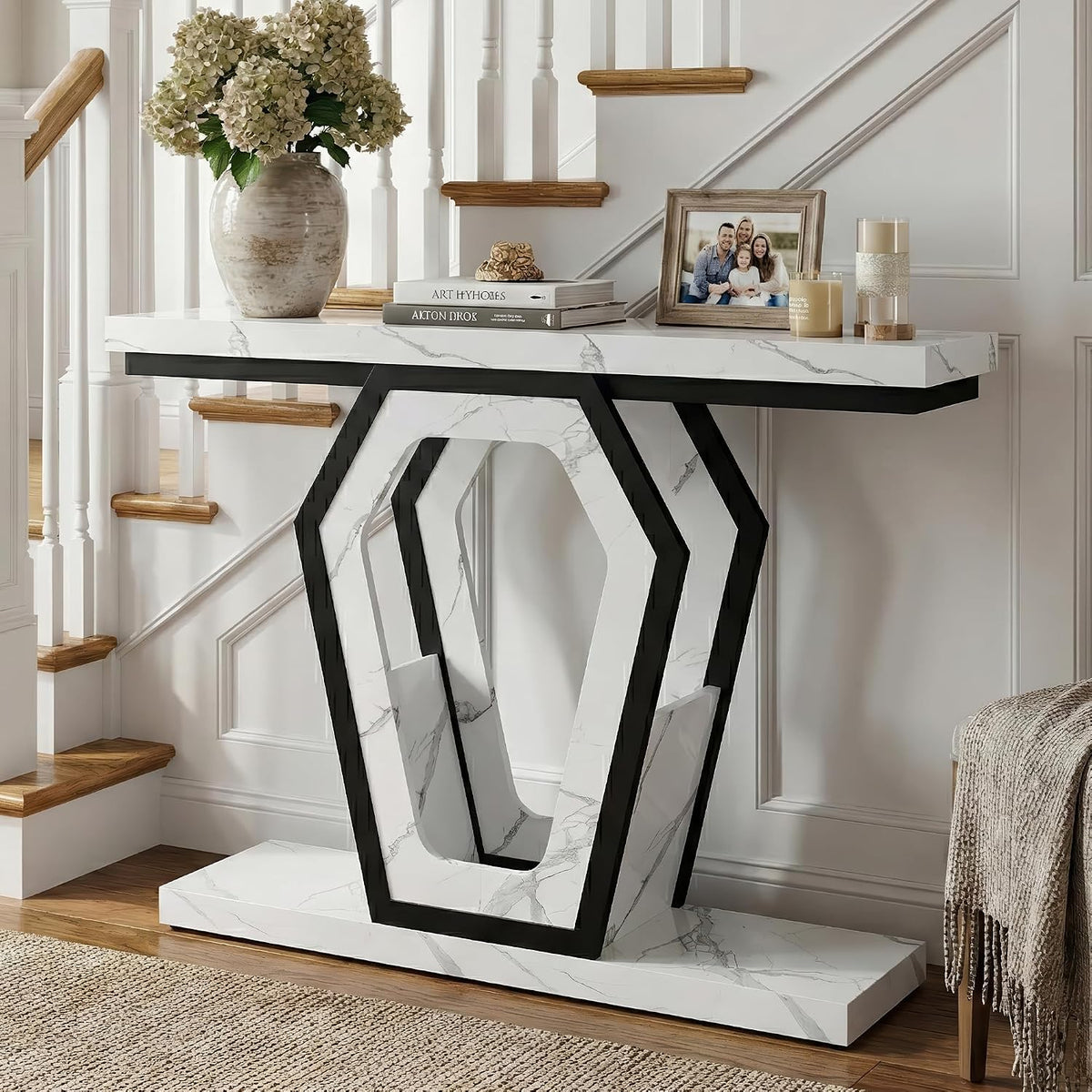 senlin Sofa Table 47.3 Inch Narrow Console Table with Openwork Frame, Industrial Entryway Table for Hallway, Rustic Wood and Metal, Adjustable Leg Pads, Easy Assembly（White Marble Texture）