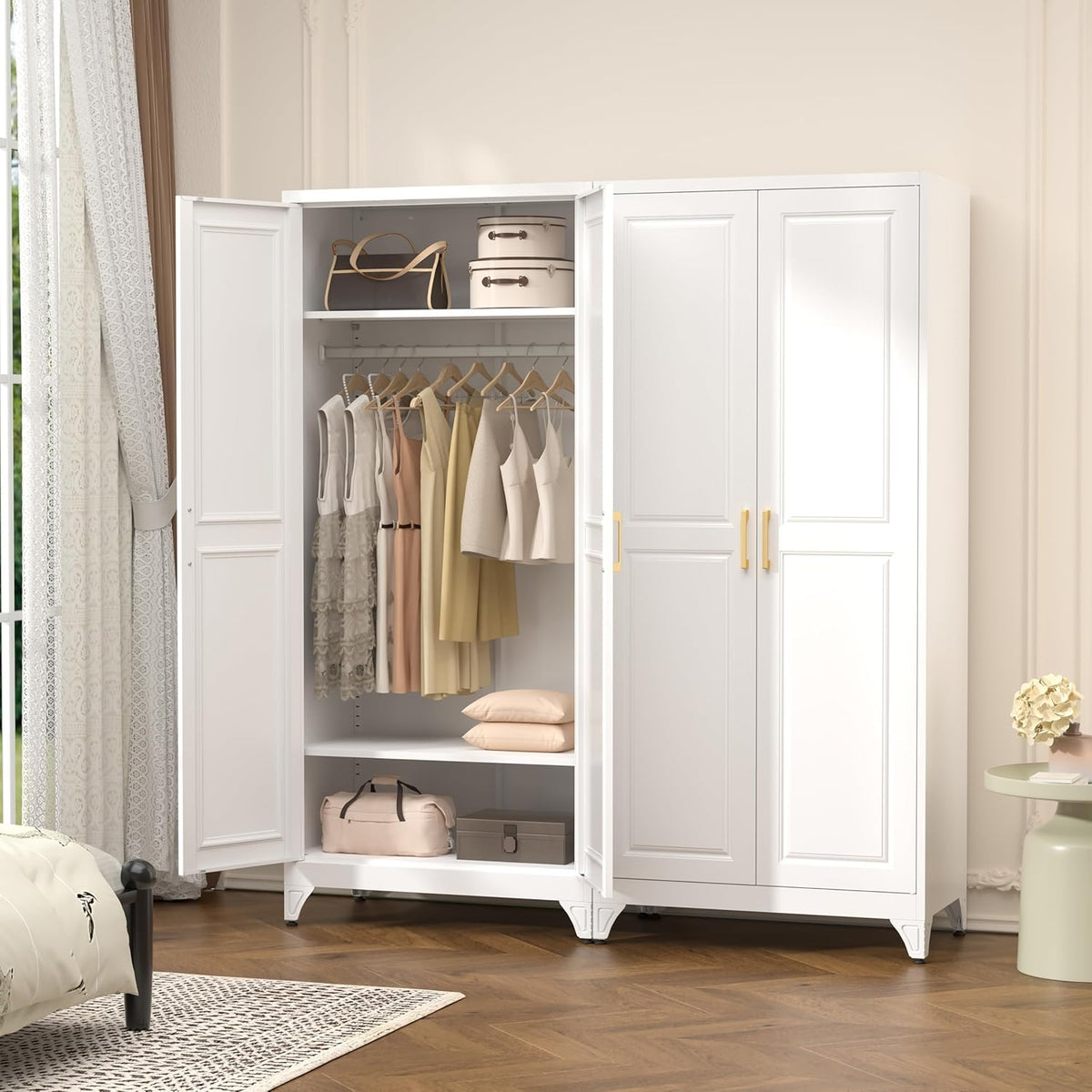 Polup 71" Metal Armoire Wardrobe Closet with Doors and Adjustable Shelves | Tall Freestanding Wardrobe Cabinet for Clothes, Heavy Duty, Hanging Rod, Bedroom, Office, School, Employee, Garage, White
