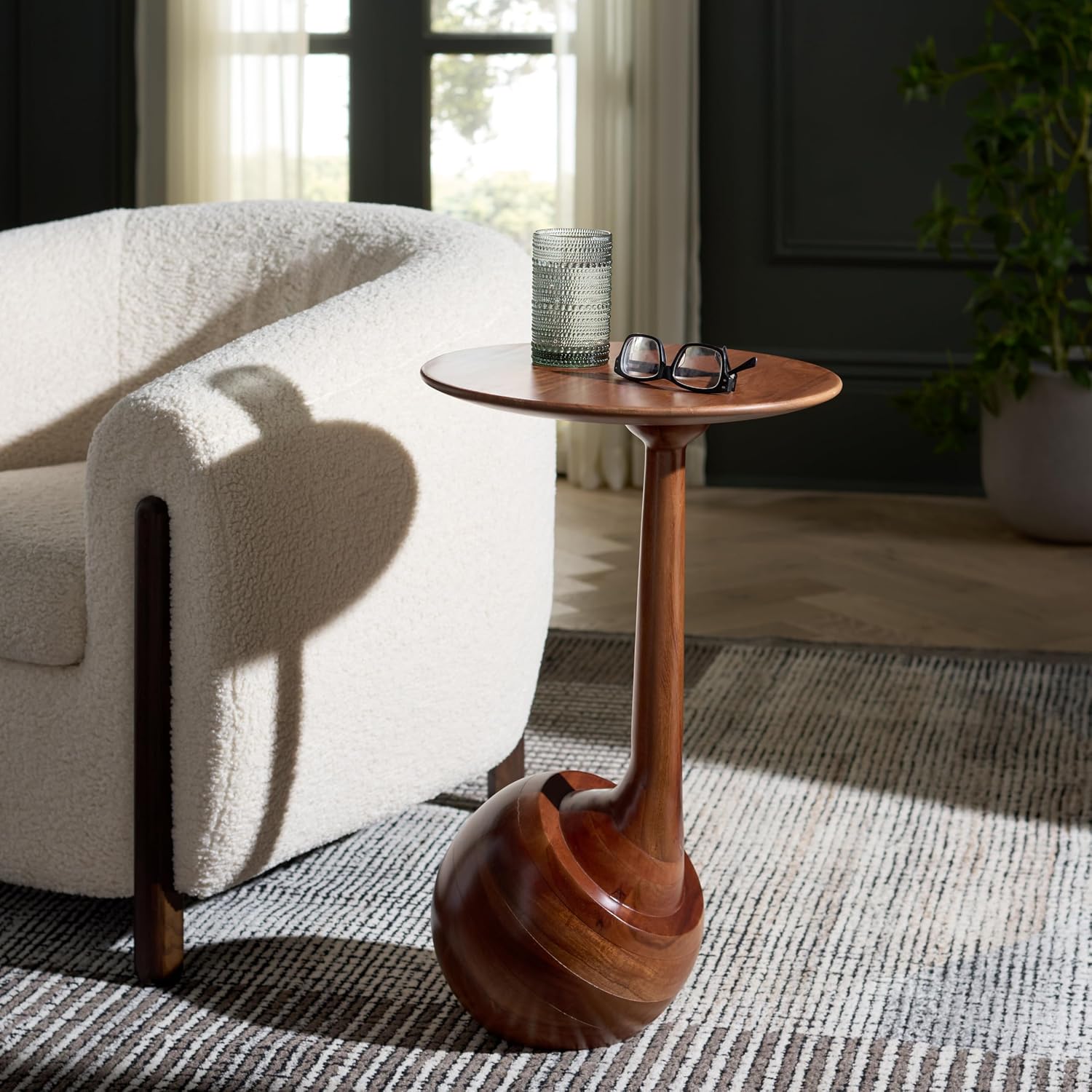 SAFAVIEH Home Collection - Irachi Solid Wood Accent Table with Sculptural Round Base in Walnut Finish, Modern Side Table, Fully Assembled (ACC3227A)