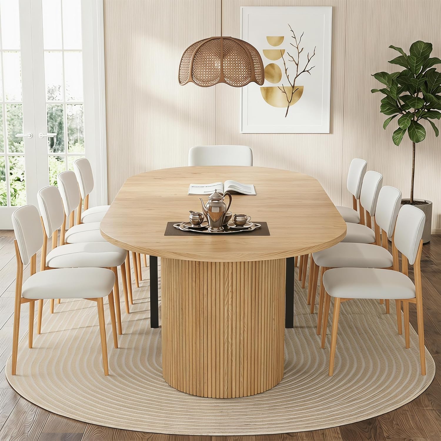 weselon 42"-105" Extendable Dining Table for 4-12, Expandable Oval Dining Room Table with Fluted Pedestal Base & Reinforced Metal Support Leg, Large Modern Kitchen Table for Dining Room (Natural)