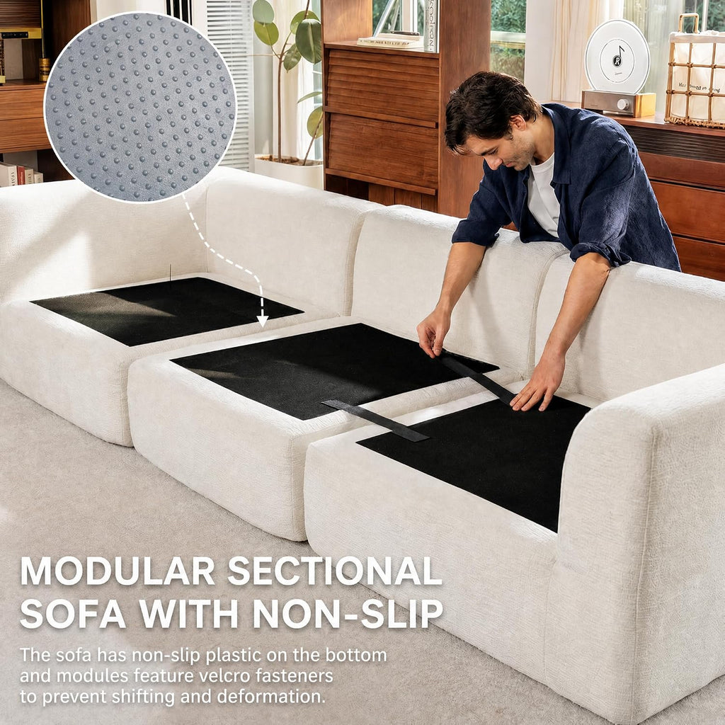 110" Oversized Cloud Sectional Couch, Modular Chenille L-Shaped Compressed Sofa with Ottoman & 3-in-1 Multi-Purpose Pillow, 3 Seater Memory Foam Couches for Living Room, Beige