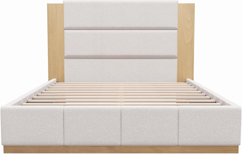 GDFStudio Queen Size Upholstered Platform Bed Frame with Extended Wood Headboard, 49'' Tall High Headboard Modern Bed Frame, Wood Plinth Base, No Box Spring Needed, Easy Assembly, White Boucle
