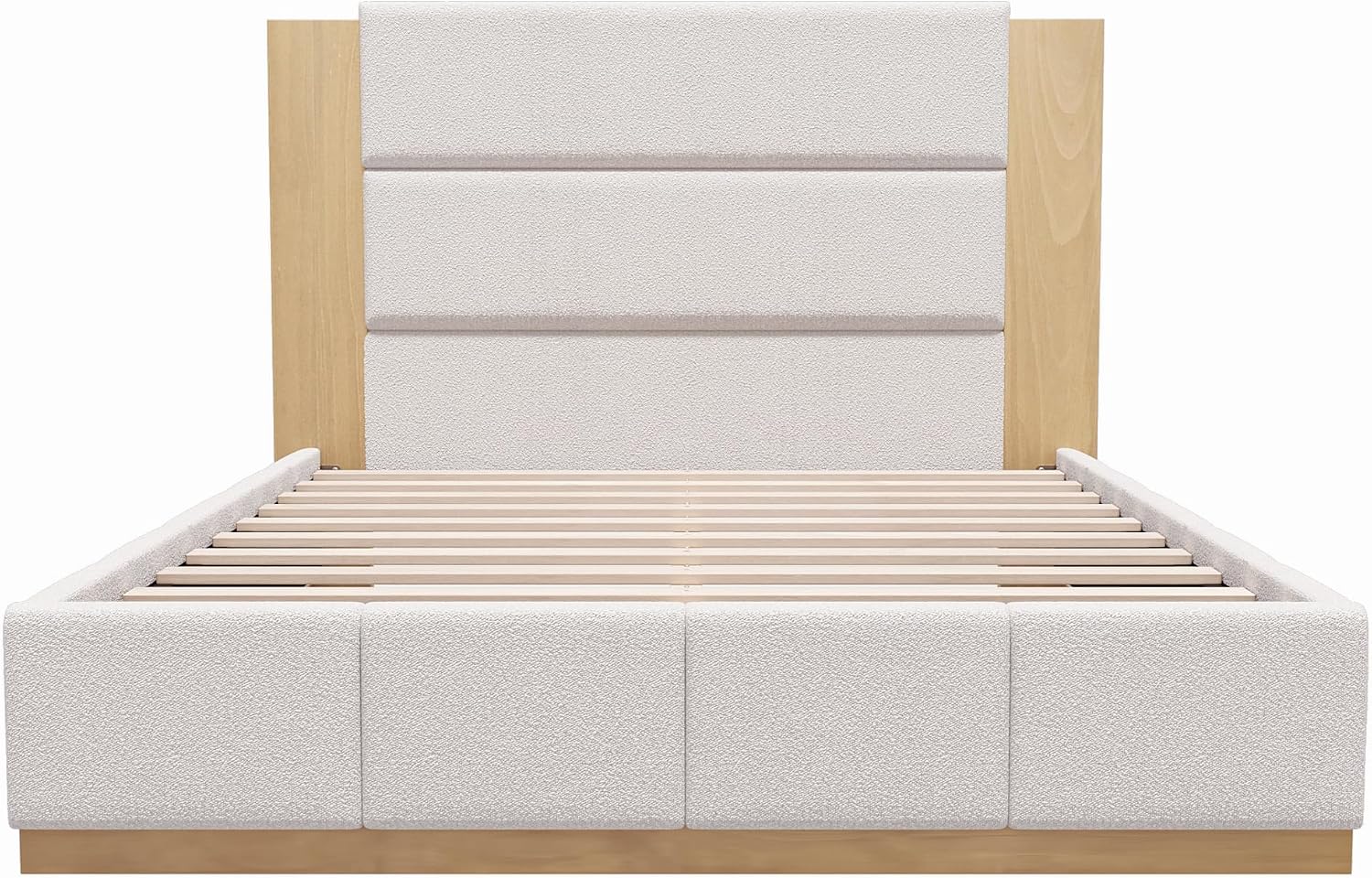 GDFStudio Queen Size Upholstered Platform Bed Frame with Extended Wood Headboard, 49'' Tall High Headboard Modern Bed Frame, Wood Plinth Base, No Box Spring Needed, Easy Assembly, White Boucle