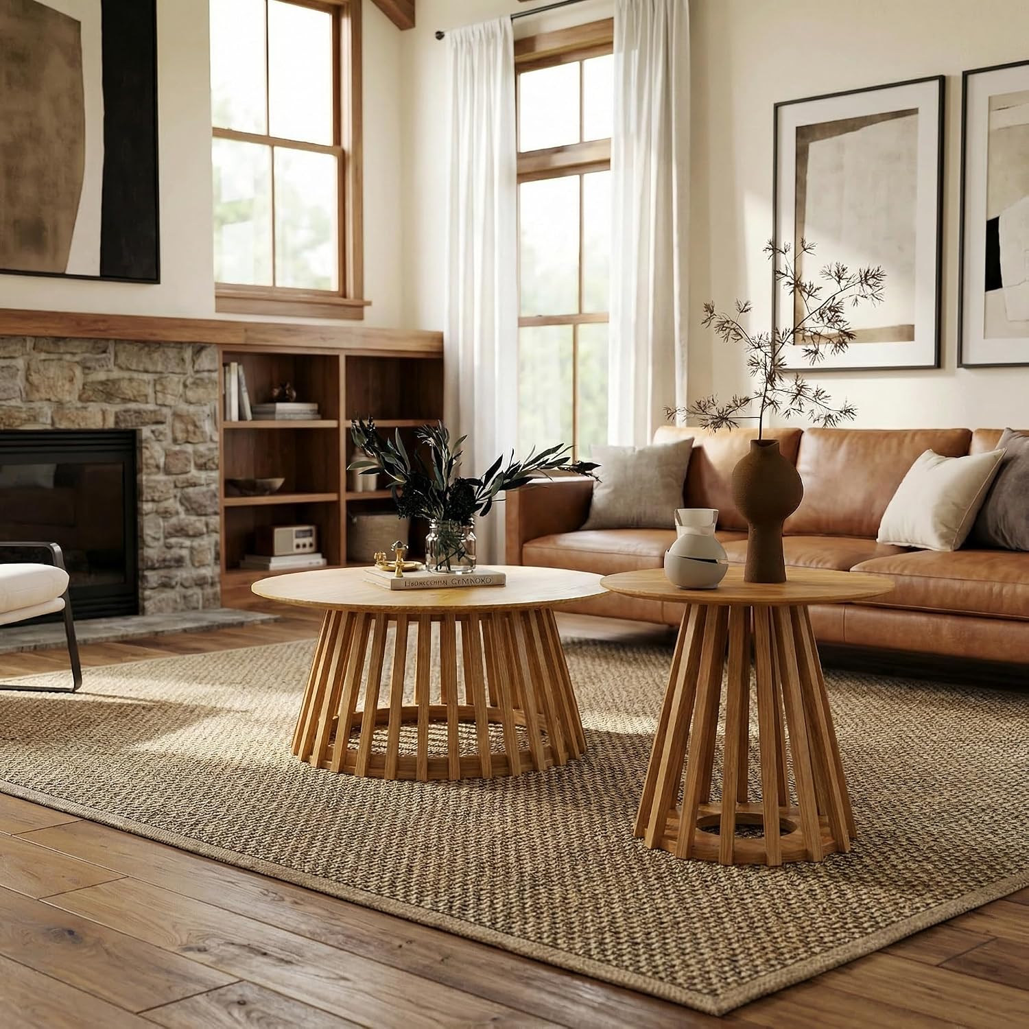 DUOMAY Modern Solid Round Side Table with Geometric Base, Natural Wood Accent End Table Center Table for Living Room, Bedroom, Lounge, Office, Log Color