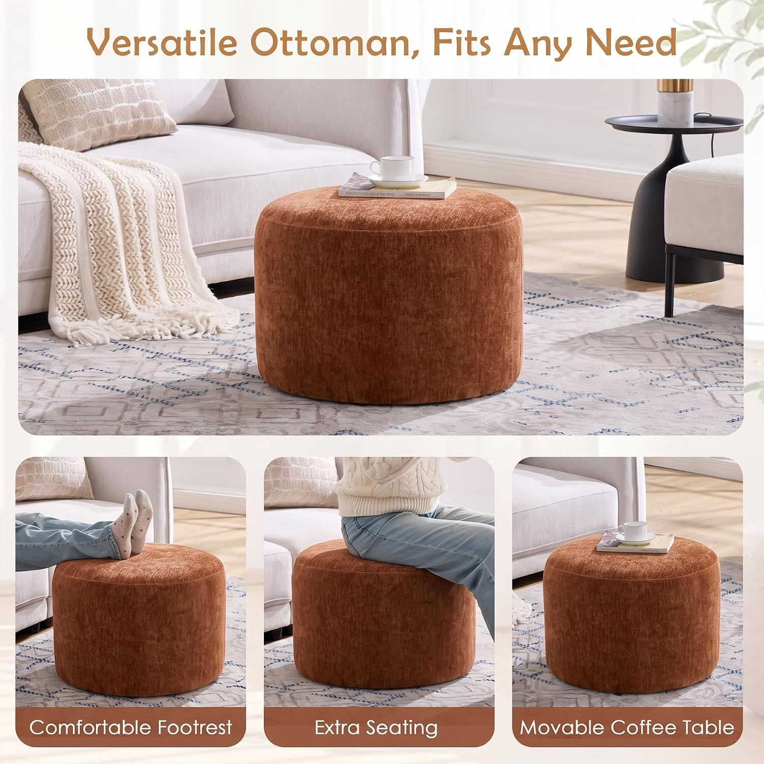 Upholstered Round Pouf Ottoman, Modern Footstool, Orange-Brown | Small Chenille Footrest with Soft Padded Seat & Wood Frame, Accent Vanity Stool for Bedroom (22.6"D x 22.6"W x 16.5"H)