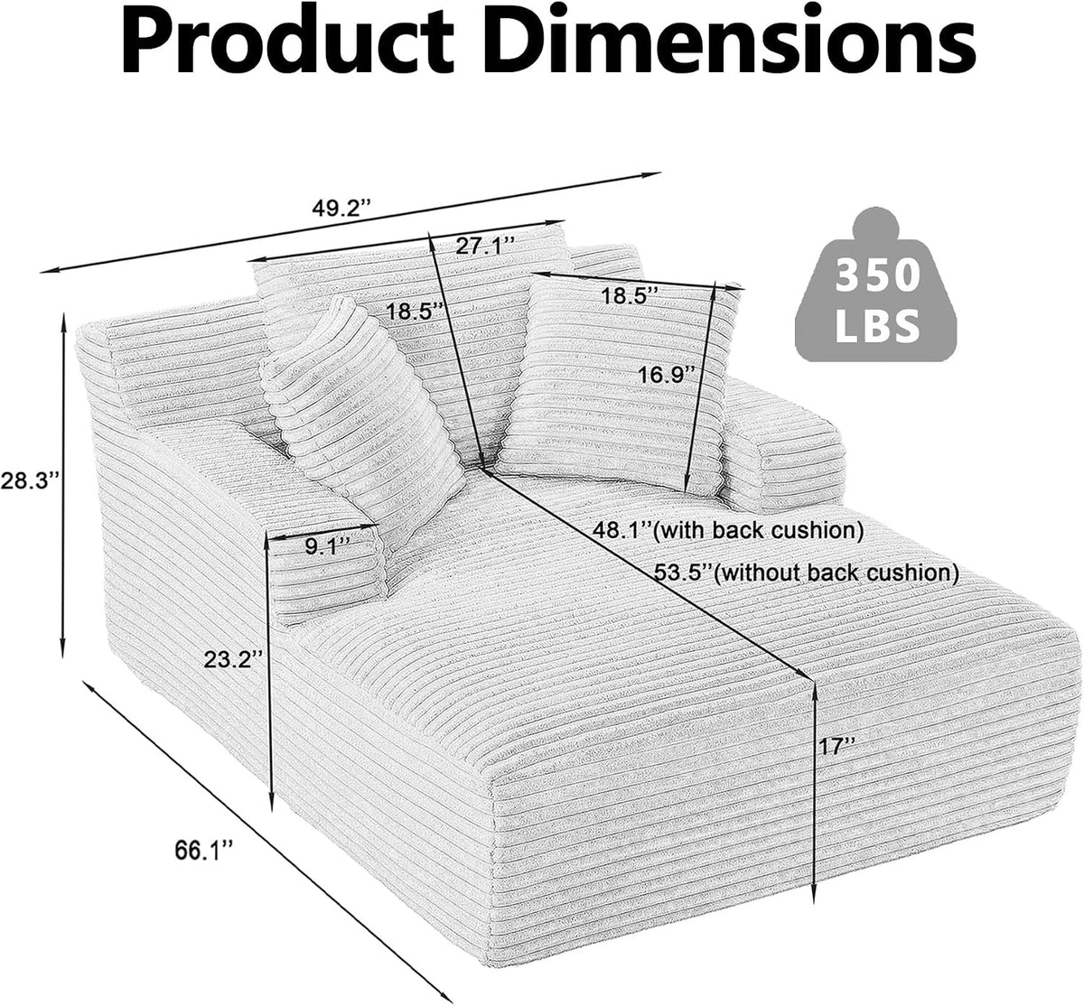 HRVEOCEI 67" Chaise Lounge Indoor, Oversized Chaise Lounge Chair with 3 Comfy Pillows for Living Room Bedroom, Wide Arms Corduroy Fabric High-Density Foam No Assembly Required (White)