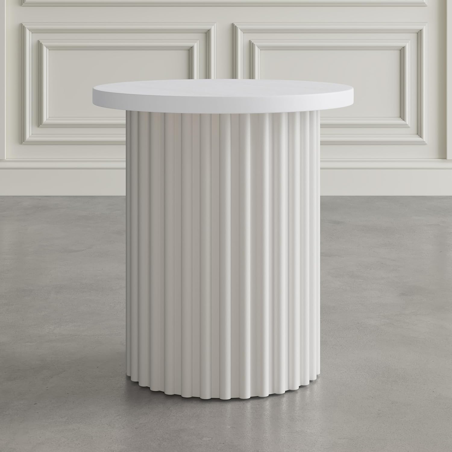 Jofran Round End Table with Fluted Pedestal Base, Mid-Century Modern Side Table for Living Room Bedroom, Accent Table, White