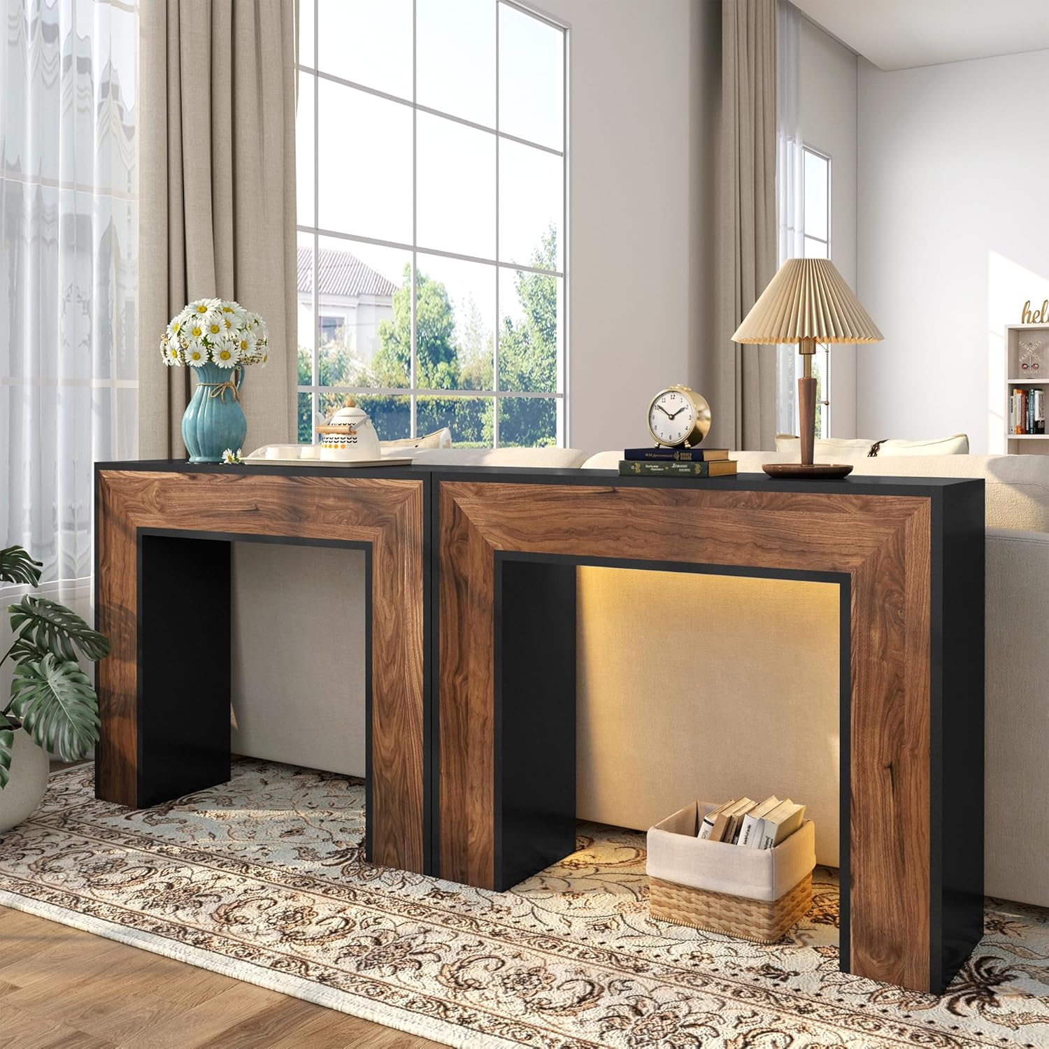 41" Entryway Table with LED Light, Farmhouse Wood Console Table Behind Couch, Rustic Narrow Sofa Table for Living Room, Rustic Wood Entry Table for Entryway, Hallway, Foyer, Black/Walnut
