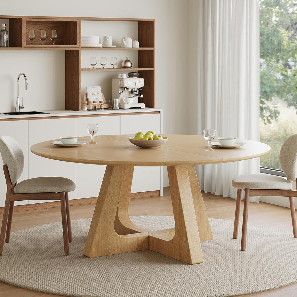 55.25" Round Dining Table for 4-6 People, Farmhouse Circle Kitchen Table with Geometric Base, Wooden Dinner Table for Dining Room Kitchen Living Room, Natural Oak