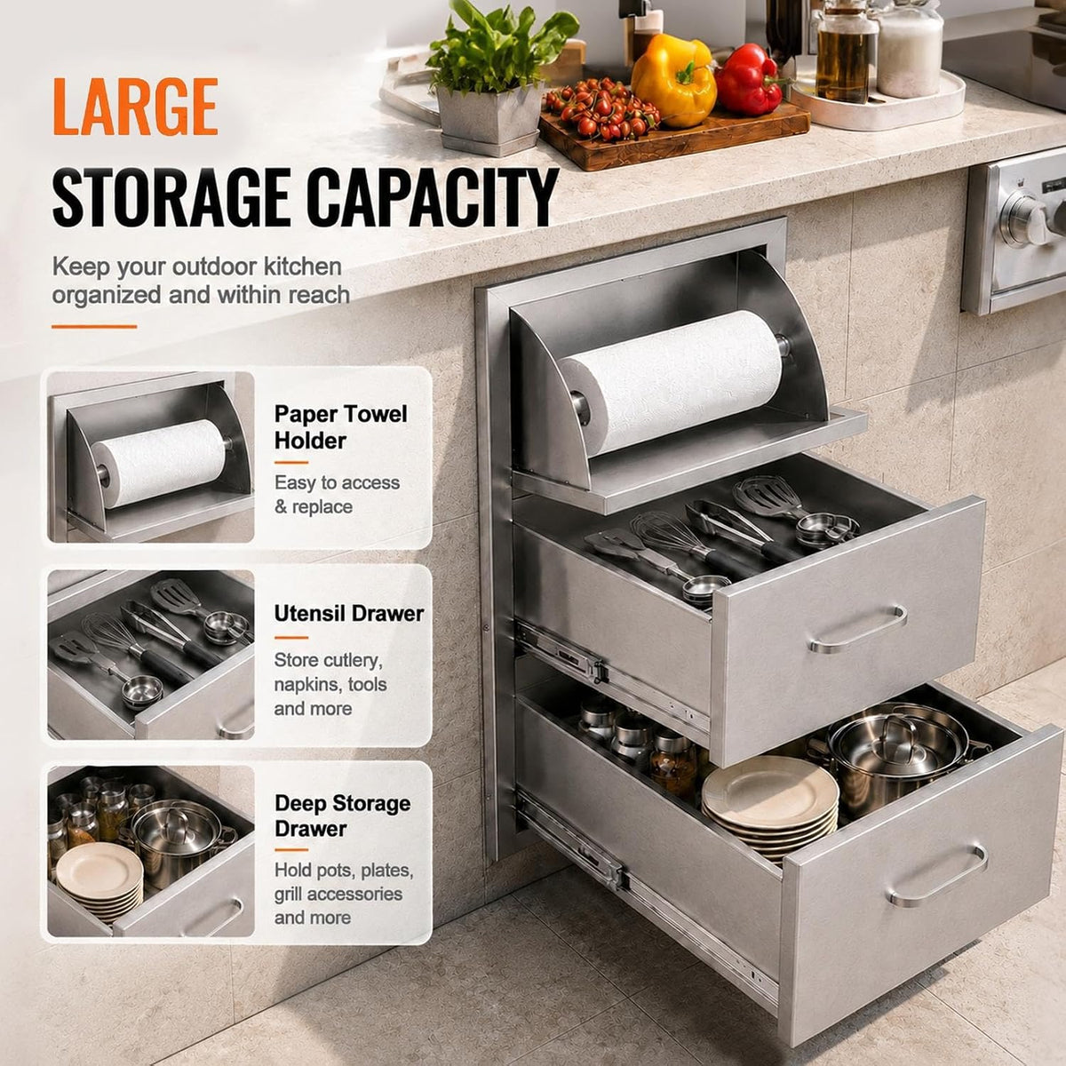 Outdoor Kitchen Drawers, 17" W x 30" H x 21" D Stainless Steel BBQ Drawer with Paper Towel Holder Combo, Flush Mount Triple Access Drawers with Handle for Outdoor Kitchen Island, Patio Grill Station