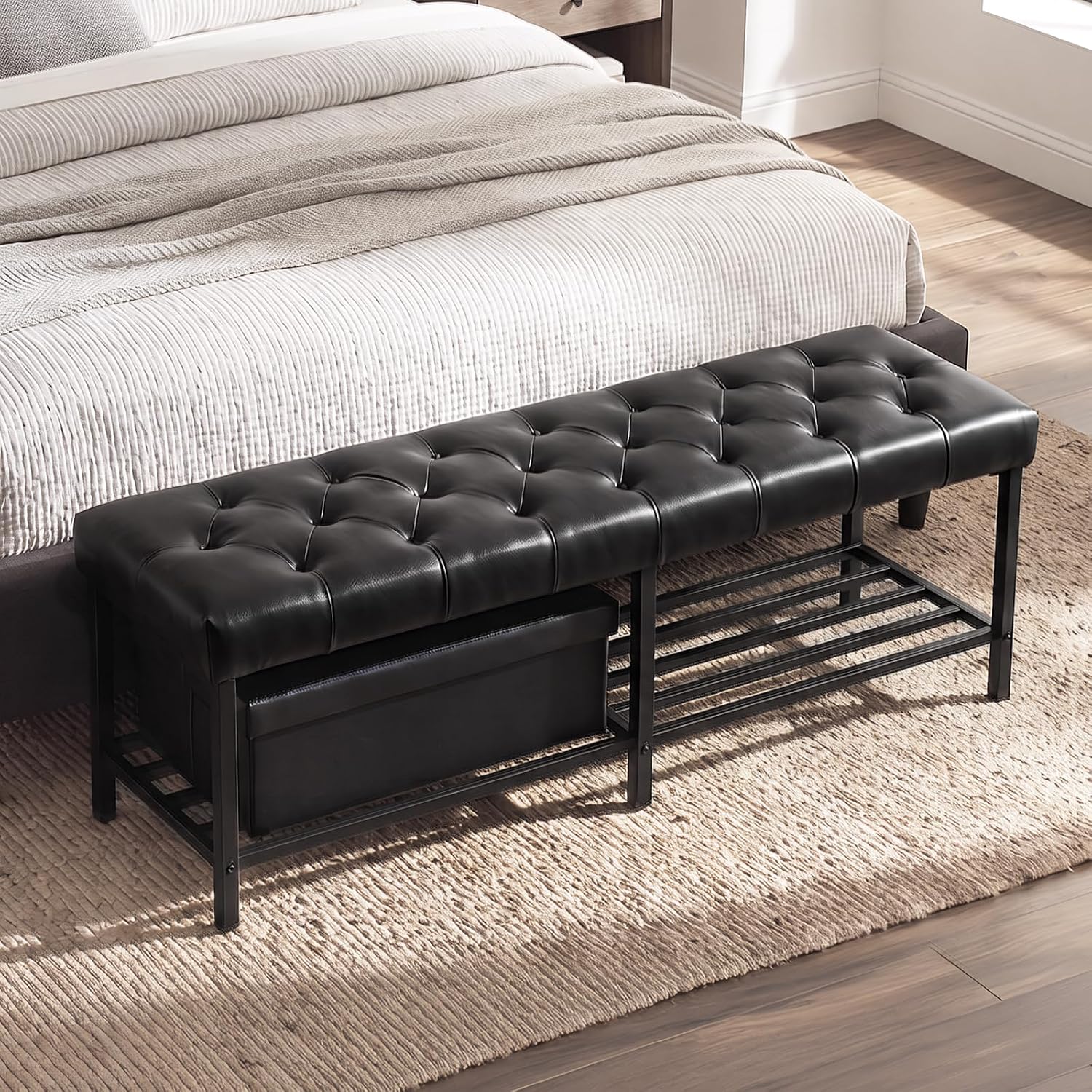 SOFTHION 55.5" End of Bed Bench, Faux Leather Entryway Bench, Black | Modern Leather Button Tufted Bedroom Bench, Upholstered Storage Shoe Bench with Metal Base for Living Room, Bedroom, Entryway