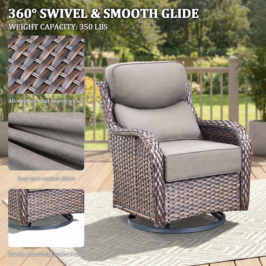 Luxury Swivel Rocker Chairs Fire Pit Table Set with 6" Thick Cushion 4 piece Wicker Outdoor Patio Chair with Sofa,Comfortable High Back Outdoor Patio Furniture Set - Brown | Gery