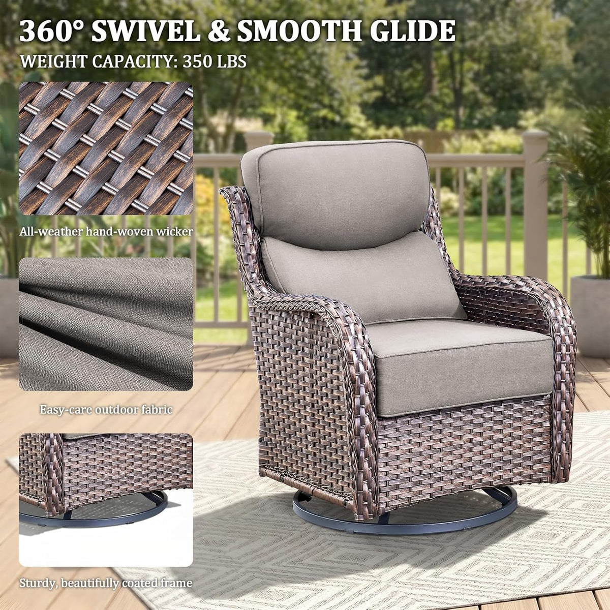 Luxury Swivel Rocker Chairs Fire Pit Table Set with 6" Thick Cushion 4 piece Wicker Outdoor Patio Chair with Sofa,Comfortable High Back Outdoor Patio Furniture Set - Brown | Gery