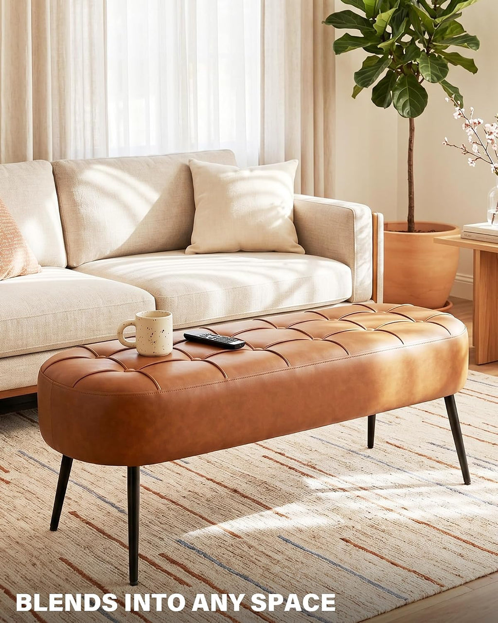 Entryway Bench, Modern PU Leather Upholstered End of Bed Bench Brown