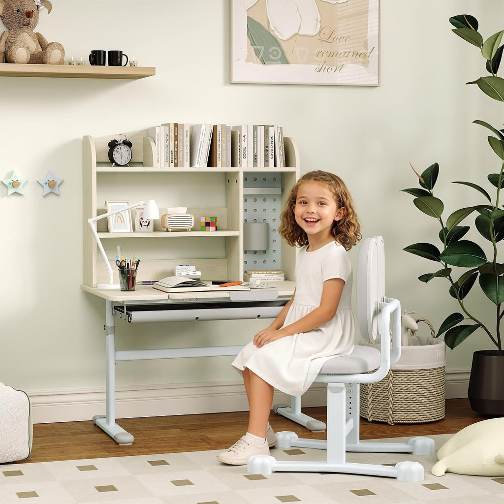 Brilluxa Kids Study Desk Set, Adjustable Student Desk and Chair with Tiltable Desktop, Hutch and Drawer for Ages 3-12, Homework Station for Bedroom, Gray