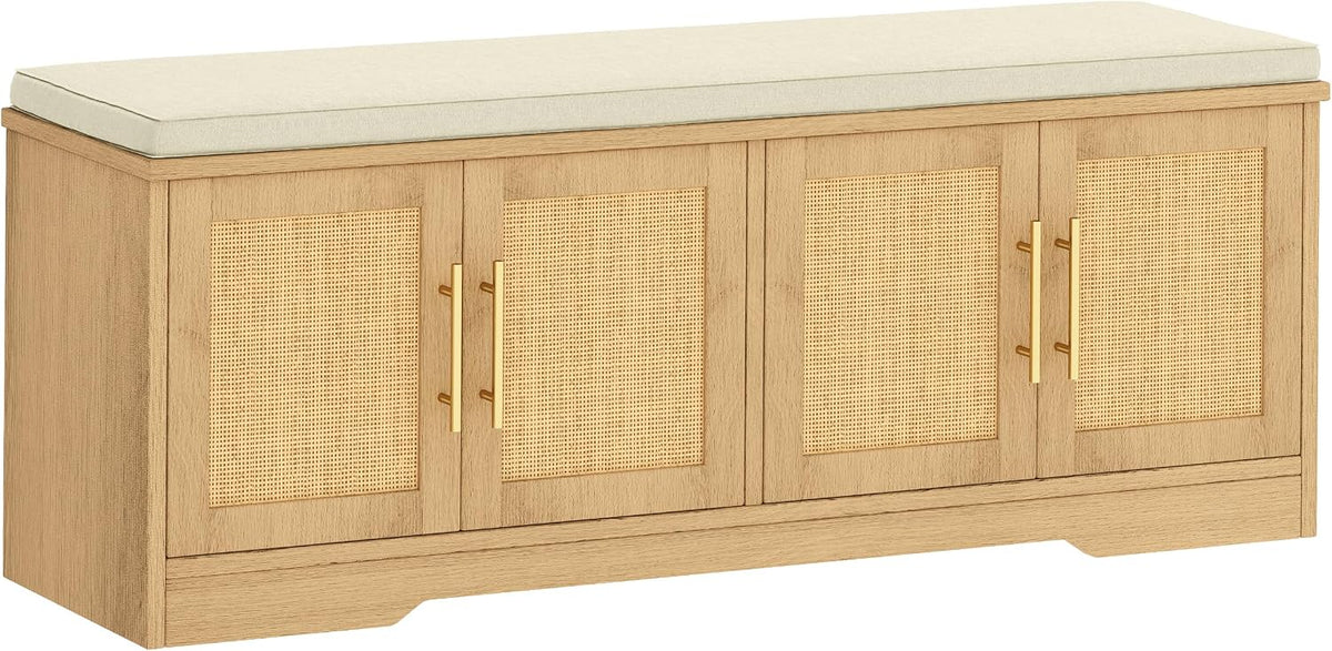 Rattan Shoe Storage Bench, 47.2" Wide Entryway Bench, Natural Oak | 2 Tier Shoe Bench with Padded Cushion, Hidden Shoe Rack Bench with Adjustable Shelves, for Hallway Living Room, Bedroom