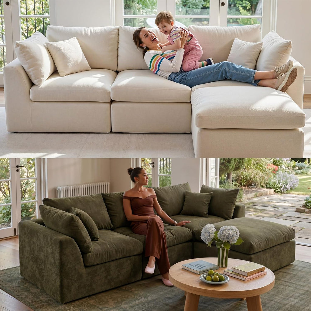 Amsleekey 108" Cloud Sectional Couch with 2 Washable Cover Sets | L-Shaped Modular Sofa with Ottoman, Deep Seat Couch for living room, DIY Covers in White and Green