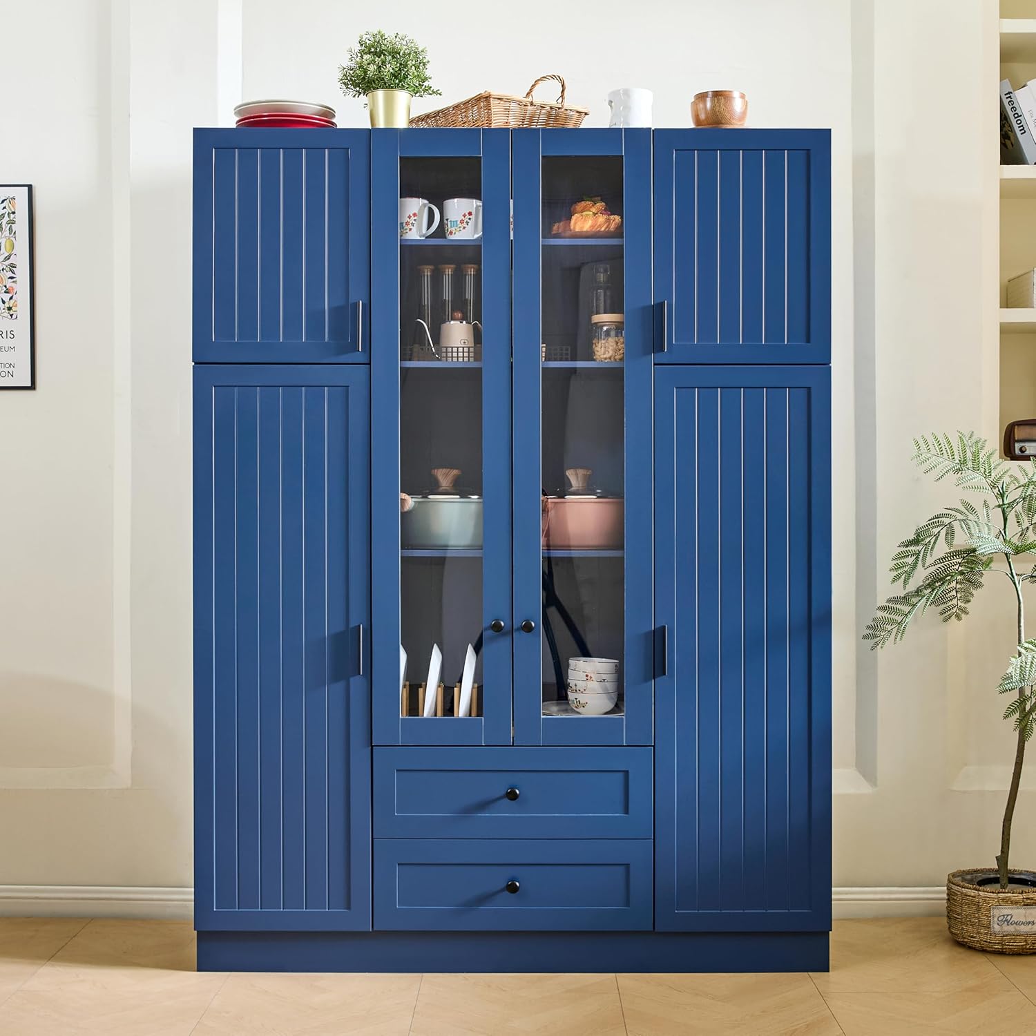 Merax Modern Large Kitchen Pantry with 6 Doors, 53.2''Lx17.7''W Storage Cabinet Cupboard with Drawers, Adjustable Shelves, Pull-Out Trays and Wine Rack for Dining Room, Blue
