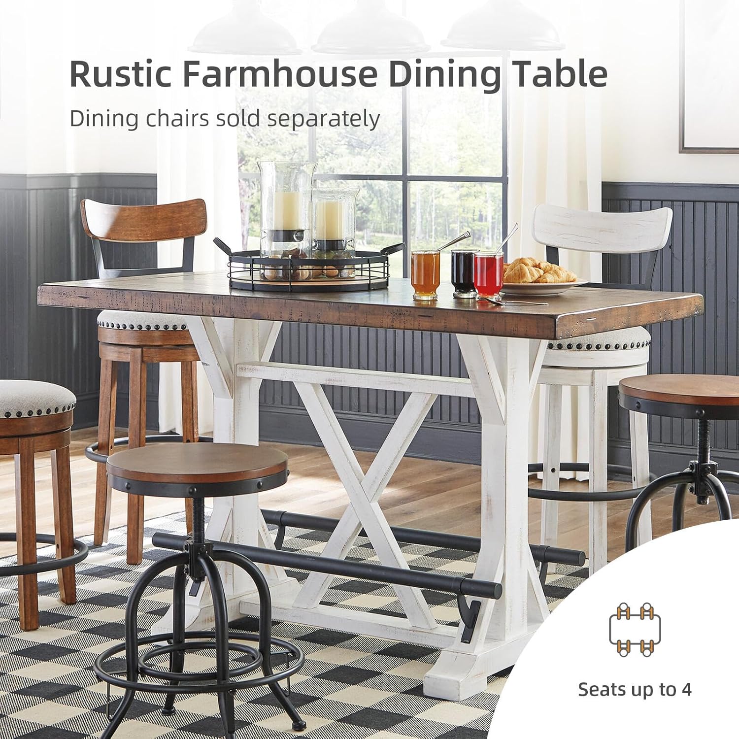Signature Design by Ashley Valebeck Counter Height Dining Table, Rustic Farmhouse Design, Black Metal Footrest, Seats Up to 4, Great for Small Spaces, White