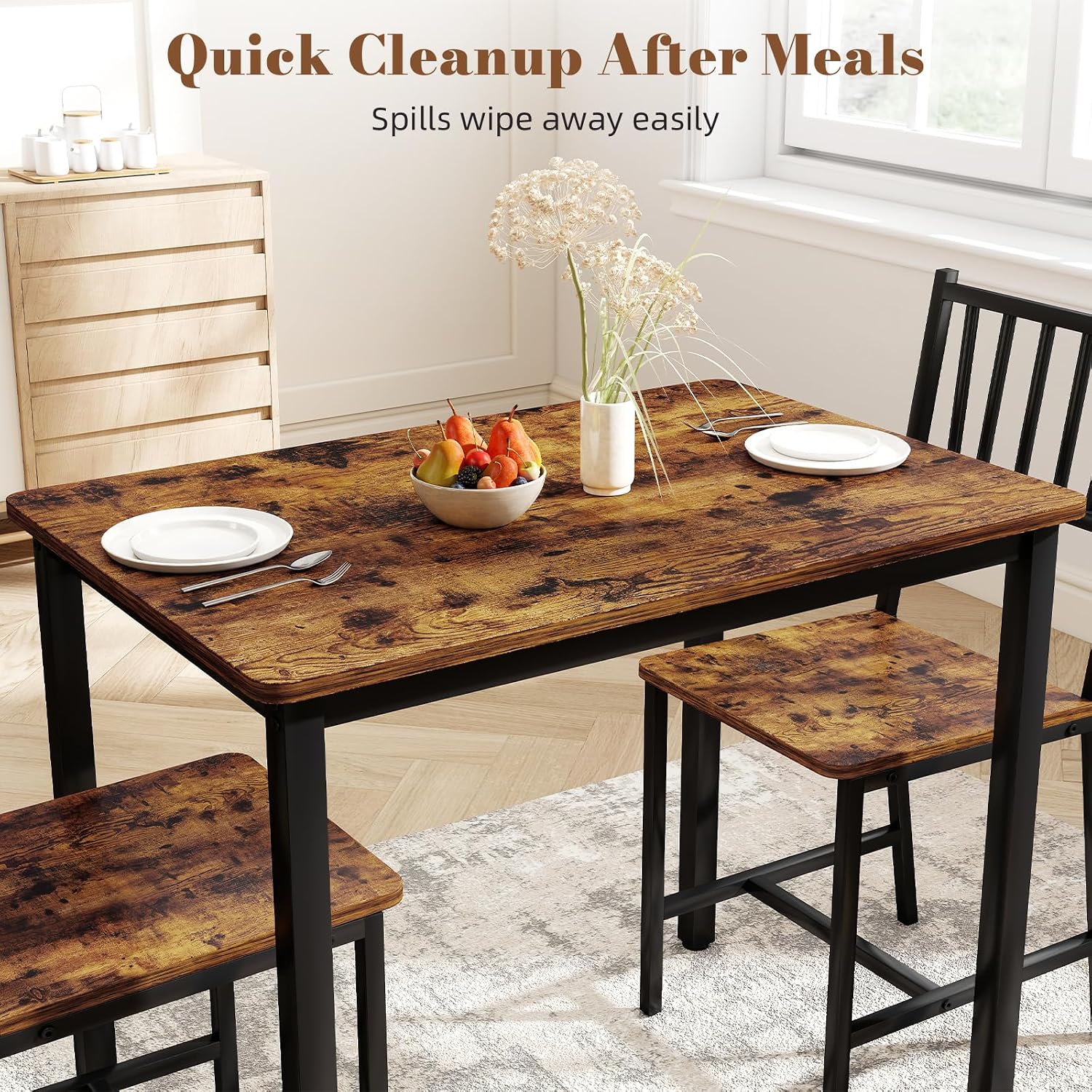Yafylly Small Space 3 Piece Dining Table Set for 2, Compact Kitchen Table Set with 2 Chairs & Adjustable Feet, Modern Breakfast Nook Furniture for Apartment, Dorm, or Home, Rustic Brown