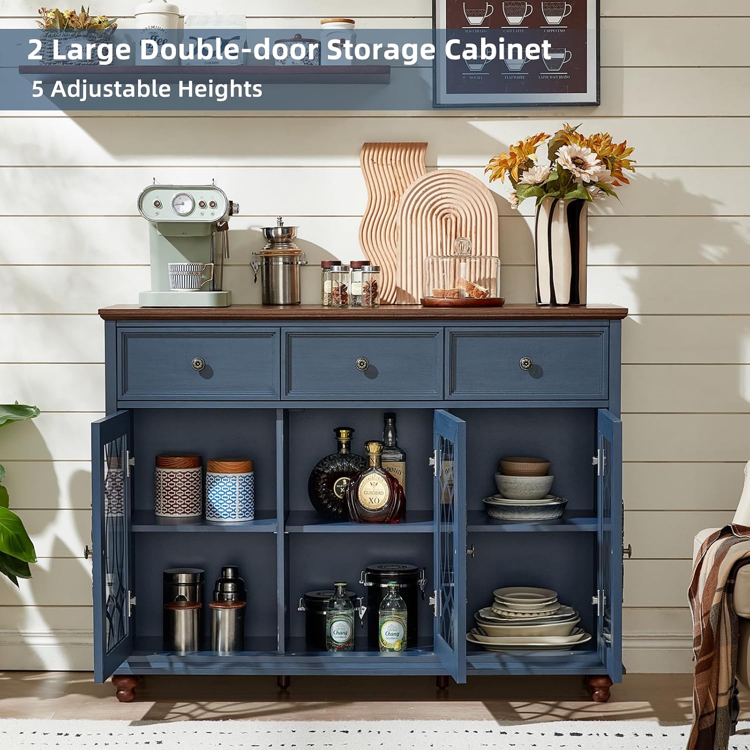 Joaxswe Farmhouse Sideboard Buffet Cabinet with Storage,48" Large Credenza with 3 Glass Doors & 3 Drawers,Adjustable Shelves Console Table,Wood Kitchen Coffee Bar for Dining Room,Living Room,Navy Blue