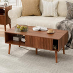 Coffee Table with Storage, Mid Century Dining Table with Sliding Fluted Door and Solid Wood Legs, Small Coffee Tables for Living Room, Walnut