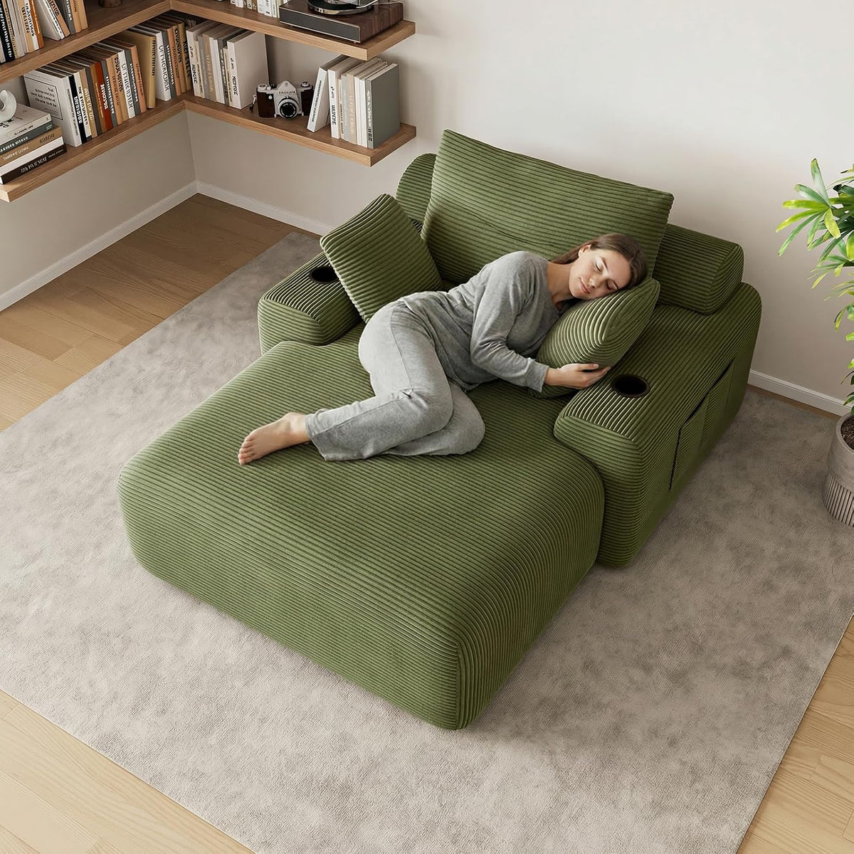 69” Floor Chaise Lounge Chair Indoor, Oversized Chaise Lounge Reading Chairs with 4 Side Pockets and 2 Cup Holders, Comfy Corduroy Sleeper Sofa Bed for Living Room Bedroom Apartment, Green
