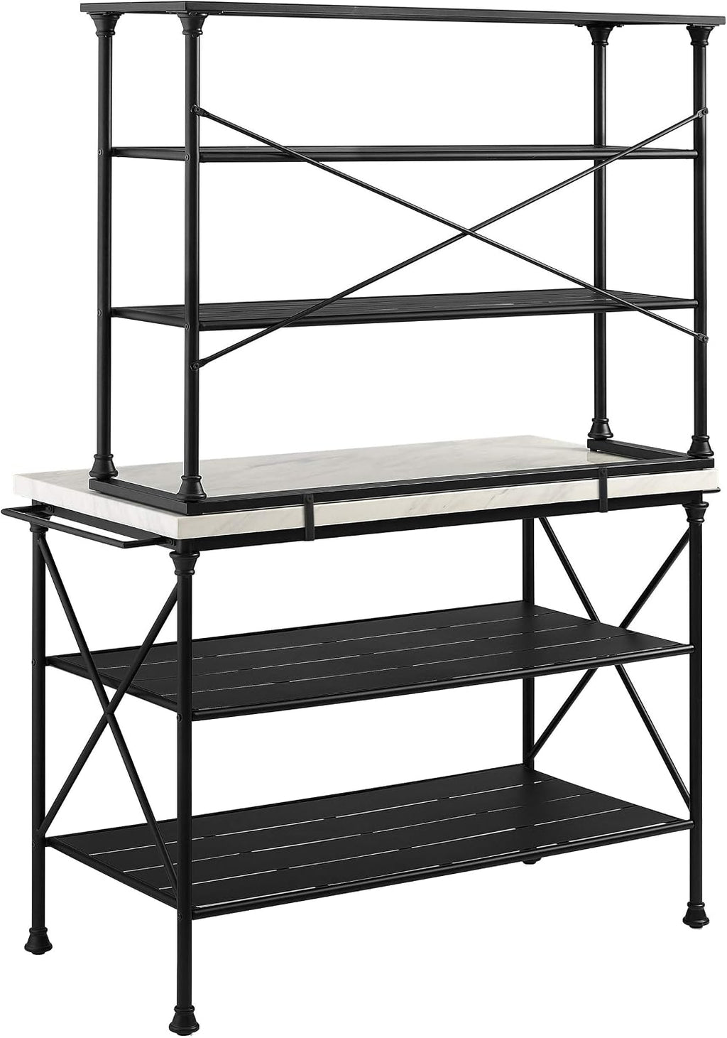 Crosley Furniture Madeleine Kitchen Island and Hutch with Shelves for Storage, Microwave Stand, Coffee Bar, Steel with Faux Marble Top