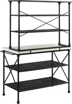 Crosley Furniture Madeleine Kitchen Island and Hutch with Shelves for Storage, Microwave Stand, Coffee Bar, Steel with Faux Marble Top