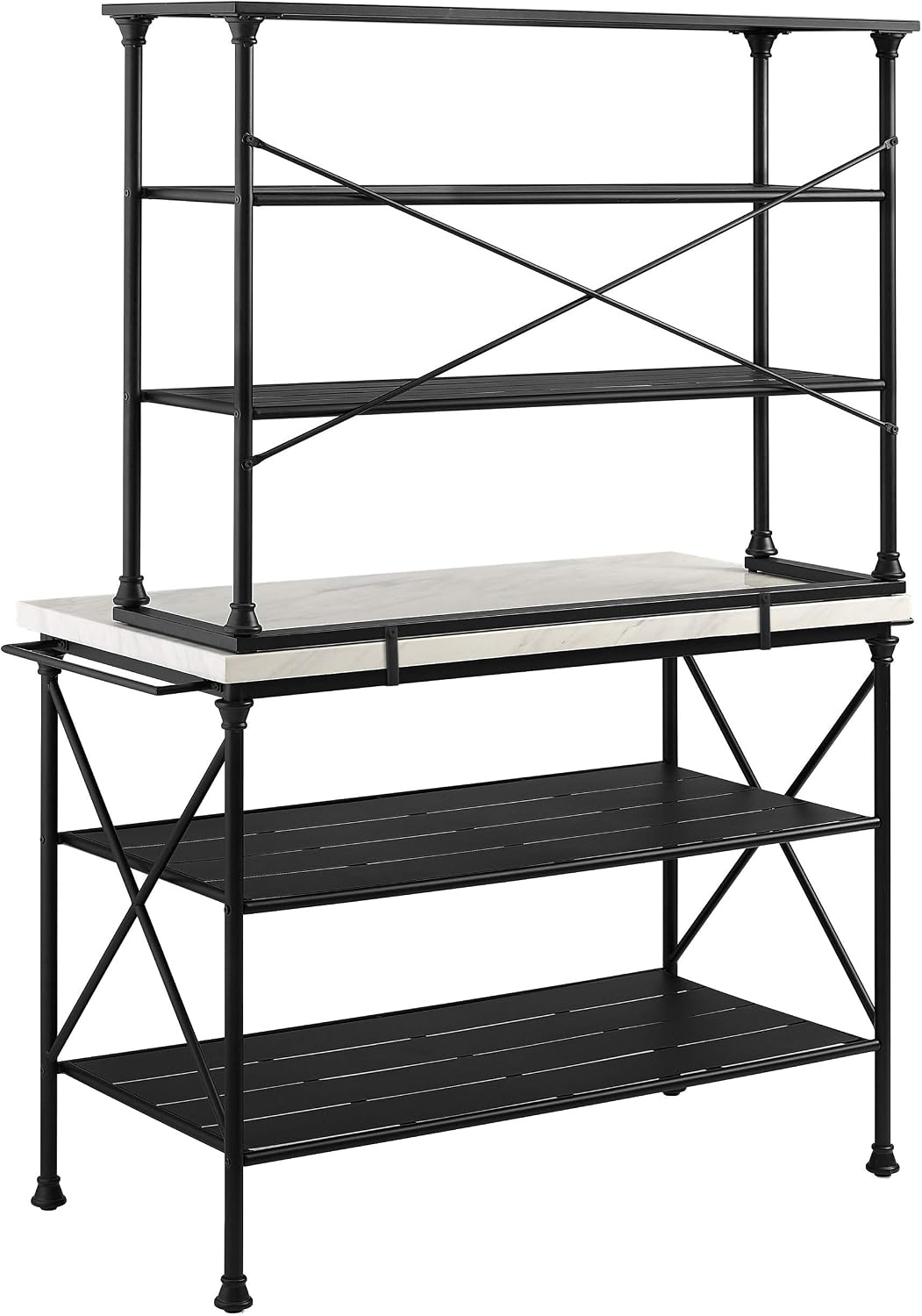 Crosley Furniture Madeleine Kitchen Island and Hutch with Shelves for Storage, Microwave Stand, Coffee Bar, Steel with Faux Marble Top