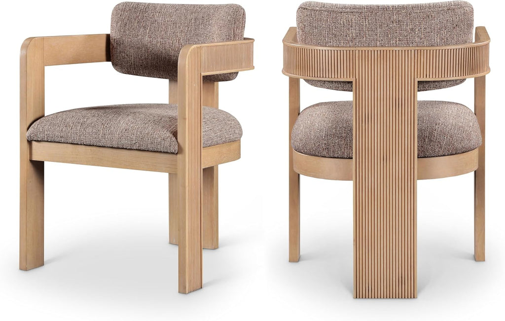 Meridian Furniture Sacha Collection Art Deco Dining Chair, Solid Fluted Wood, 22.5" W x 22" D x 31" H, Set of 2 (Brown, Natural Finish, Velvet)