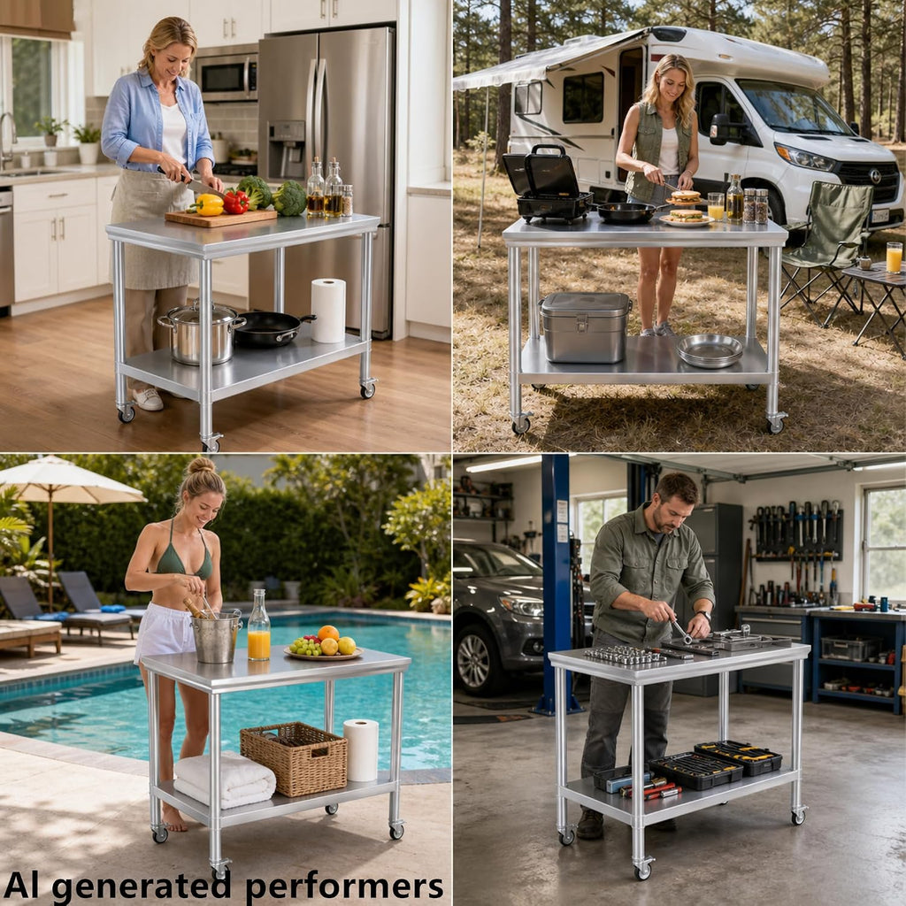 24x48 Stainless Steel Prep Table with Wheels, 1000 lbs, Kitchen, BBQ | Thickened Stainless Steel, 1000-Lb Capacity, Tool-Free Press-Fit Setup, 2-Tier Storage, 4 Locking Casters, 31.5-Inch Height