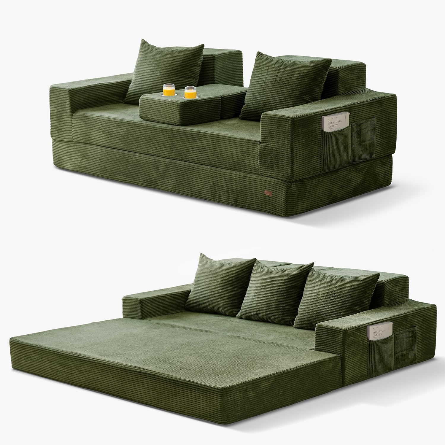 MAXYOYO Convertible Sofa Bed, 80" Oversized Loveseat Couch 4 in 1 Foldable Floor Sofa Couch in A Box with 2 Cup Holders, Folding Chair for Living Room, No Assembly Required, Green | Corded Green 4-in-1 Couch Converts Into a Floor Sofa