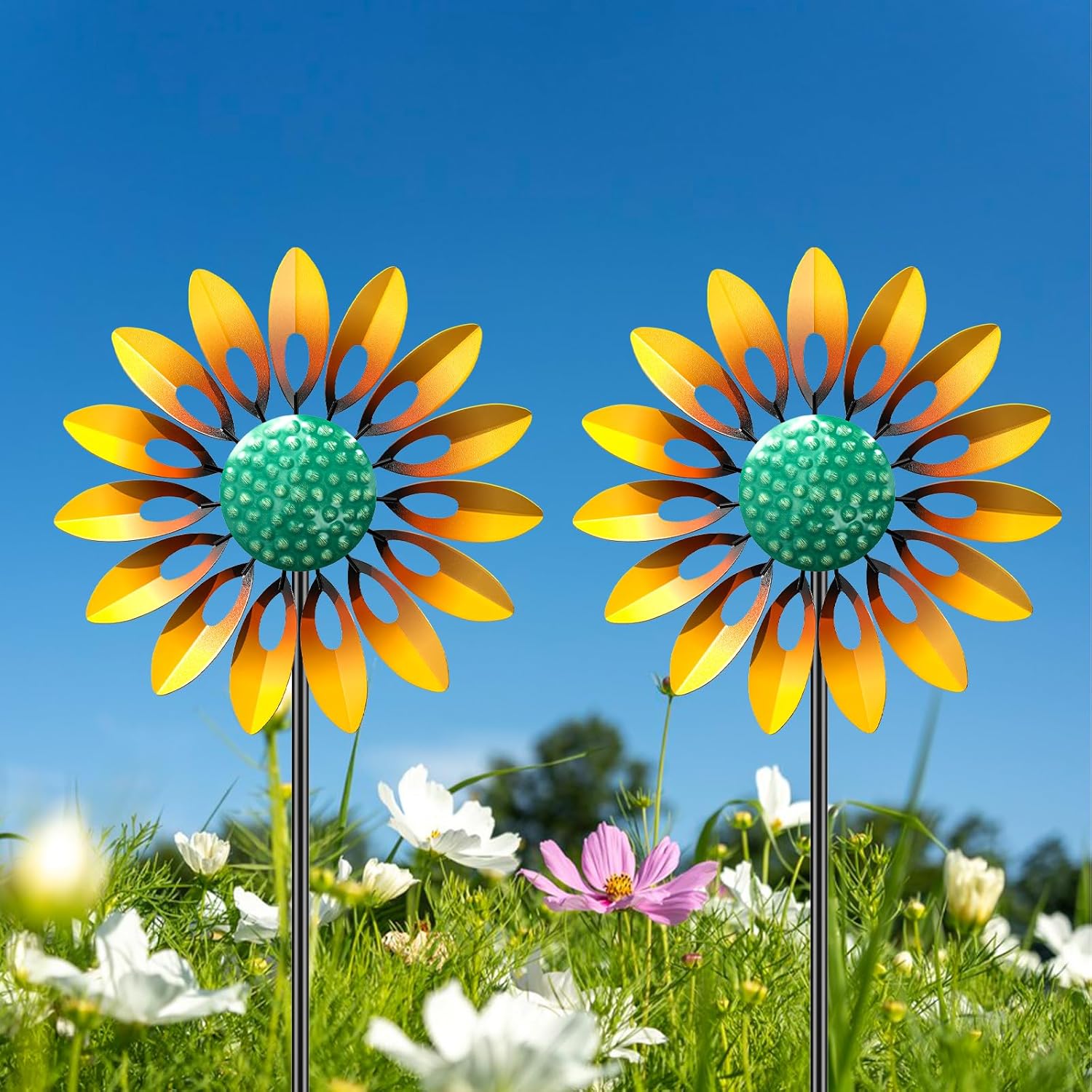 2pcs Sunflower Wind Spinner Outdoor, Freestanding Kinetic Wind Sculpture with Stake, Metal Windmill for Outside Garden Lawn Yard Art Decorations Yellow