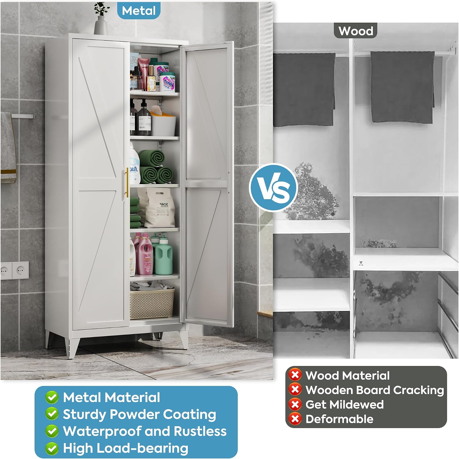 75" Tall Metal Pantry Cabinet, White Kitchen Storage Cupboard with 5 Adjustable Shelves, Heavy Duty Steel Food Organizer for Dining Room, Laundry Room, Living Room, Required Assembly