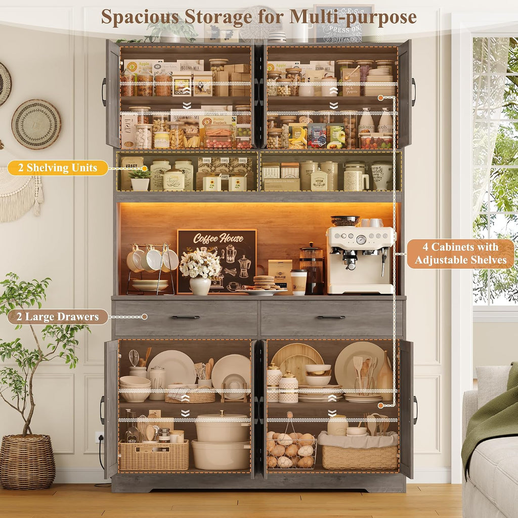 HOSTACK Modern Farmhouse Pantry Cabinet, 75" Tall Kitchen Pantry Storage Cabinet with Charging Station, RGB LED Light, Multi-Purpose Kitchen Storage Hutch Cabinets with Adjustable Shelves, Ash Grey