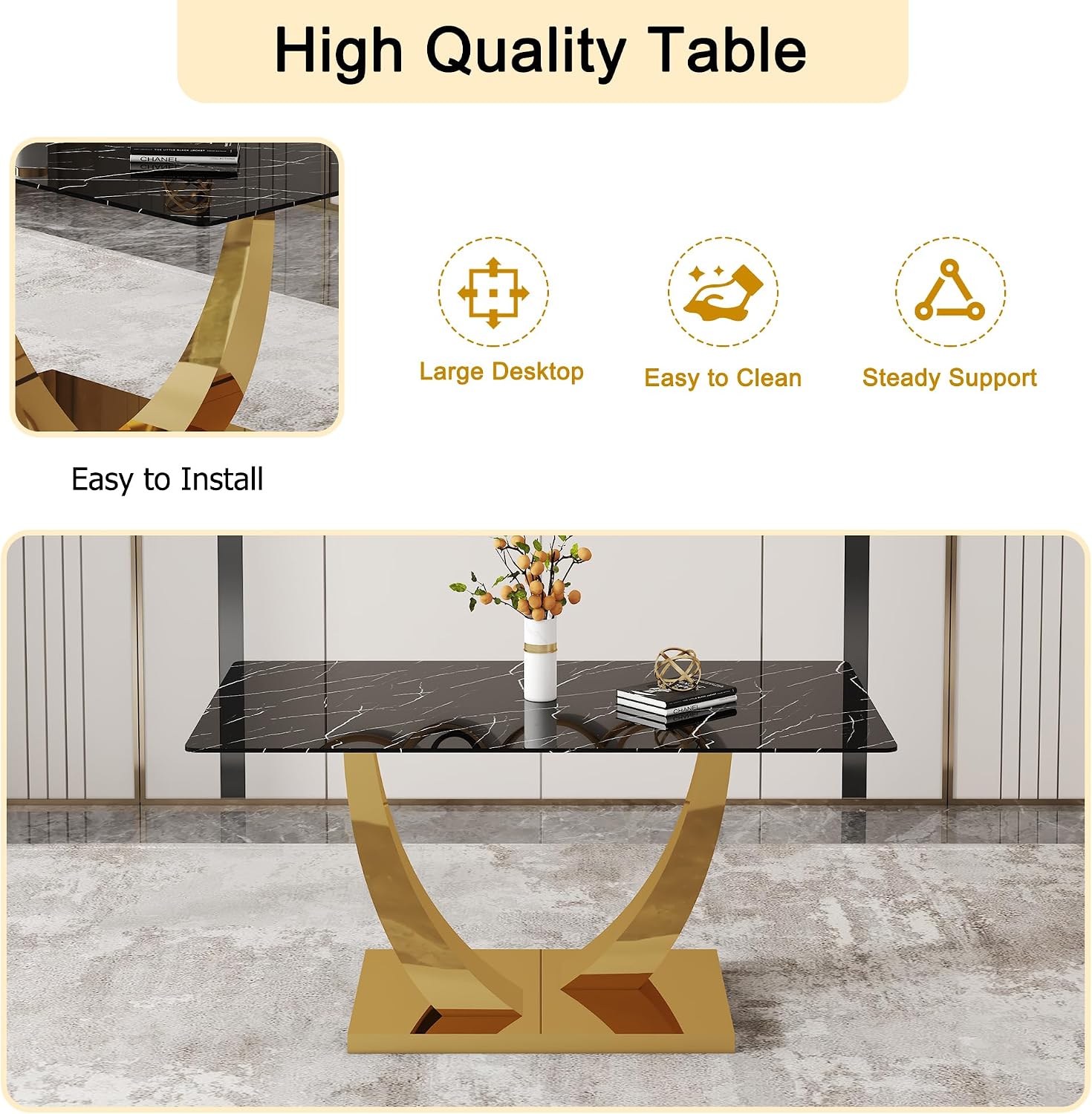 Modern Dining Table for 4/6, 63 Inch Faux Marble Dinner Table, Rectangular Kitchen Table, Easy Assembly Kitchen and Dining Room Table with Durable Frame, Scratch and Heat Resistant