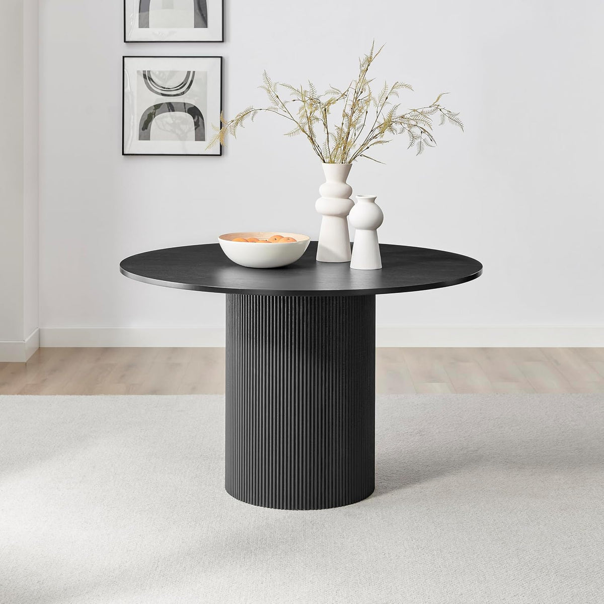 Furniturebox UK Dining Table - 'Penrose' Black 120cm 4-6 Seat Round Wooden Pedestal Dining Table - Melamine Veneer - Slatted Wood Pillar Leg - Modern Scandi Japanese Style Dining Furniture (Black)