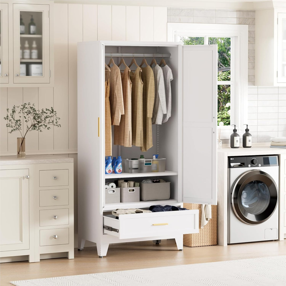 Metal Wardrobe Closet for Bedroom, 71" Freestanding Armoire Wardrobe with Drawer and Shelf, Hanging Rod Clothing Storage Cabinet with Two Doors, Tall Farmhouse Clothes Cabinet Bedroom Armoires