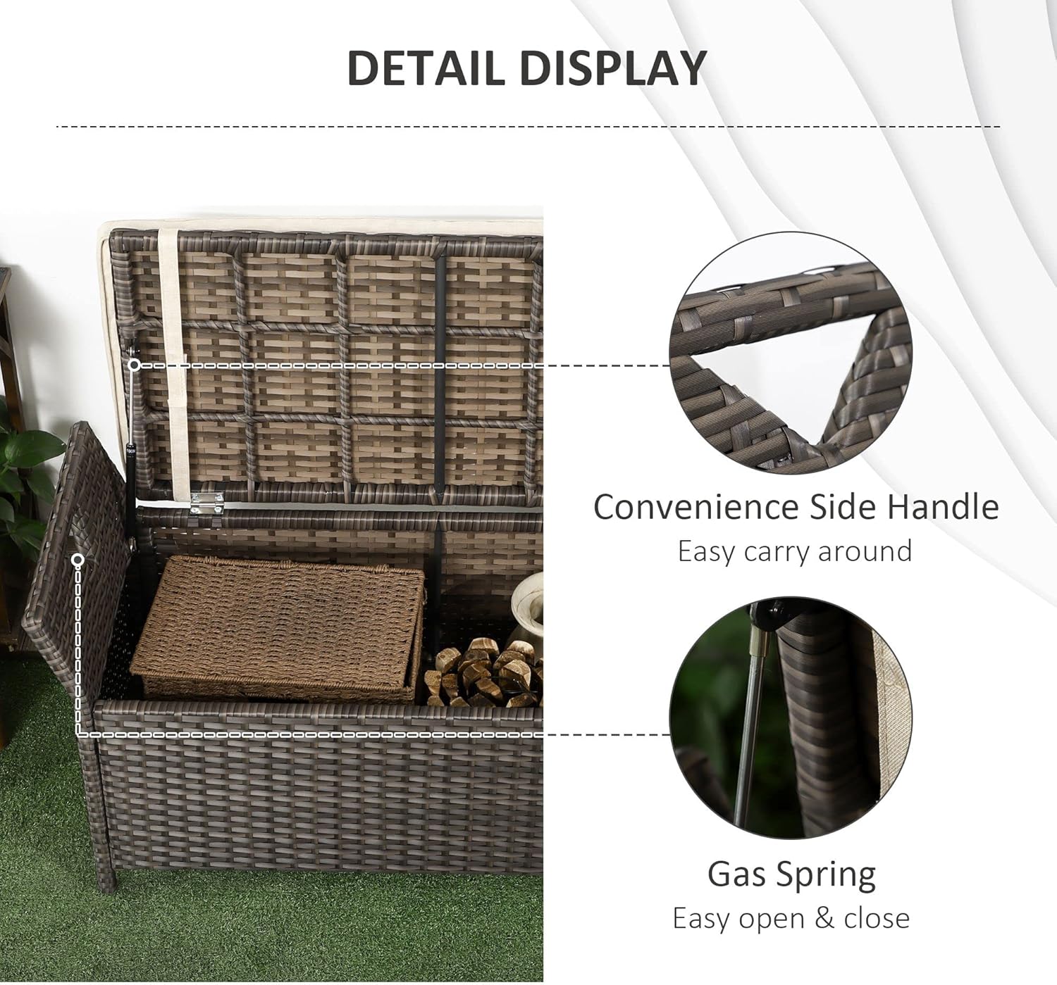 27 Gallon Patio Wicker Storage Bench, Outdoor PE Rattan Patio Furniture, 2 in 1 Large Capacity Rectangle Garden Storage Box with Handles and Cushion, Cream White