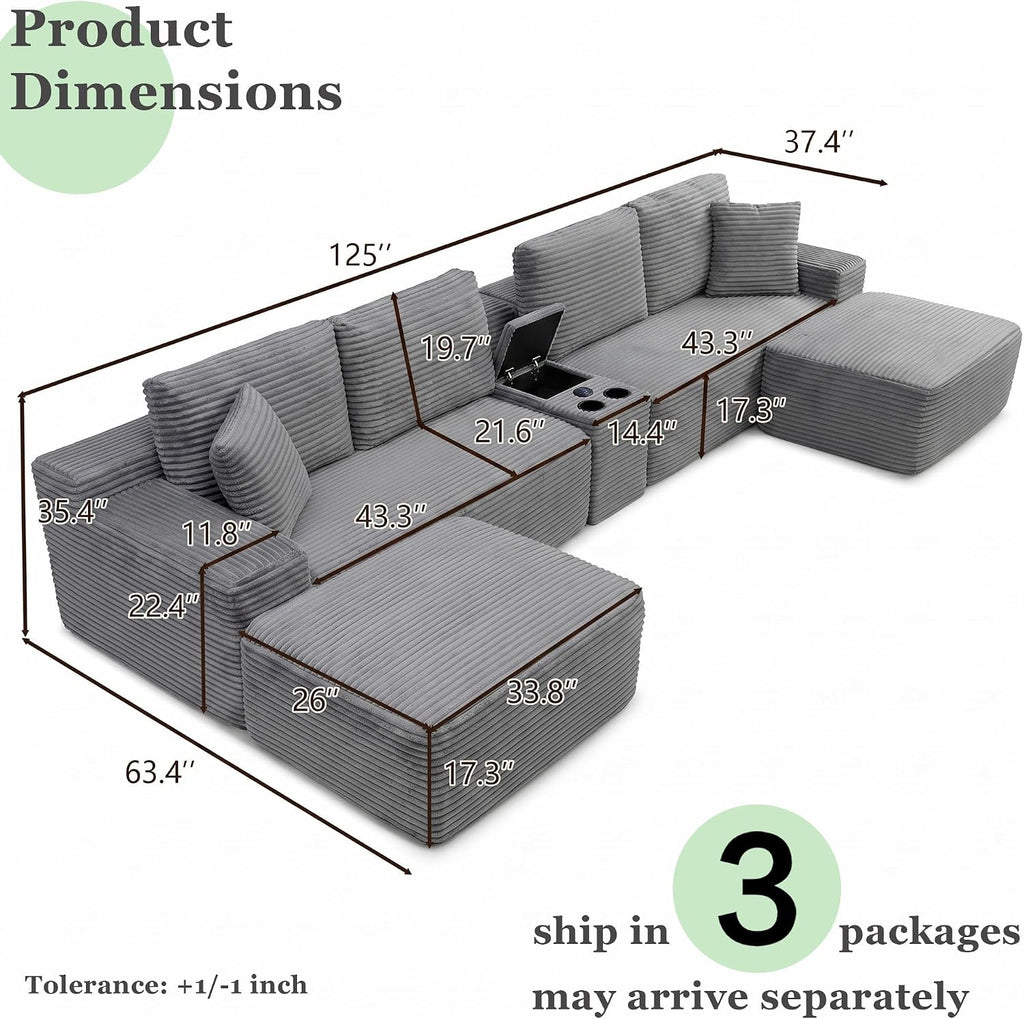 125" Oversized Sectional Couches for Living Room, Modern Cloud Couch with Ottoman,USB Port&Cup Holders, Comfy Corduroy Modular Sectional U Shape Sofa Couch for Apartment, Grey Couch in a Box