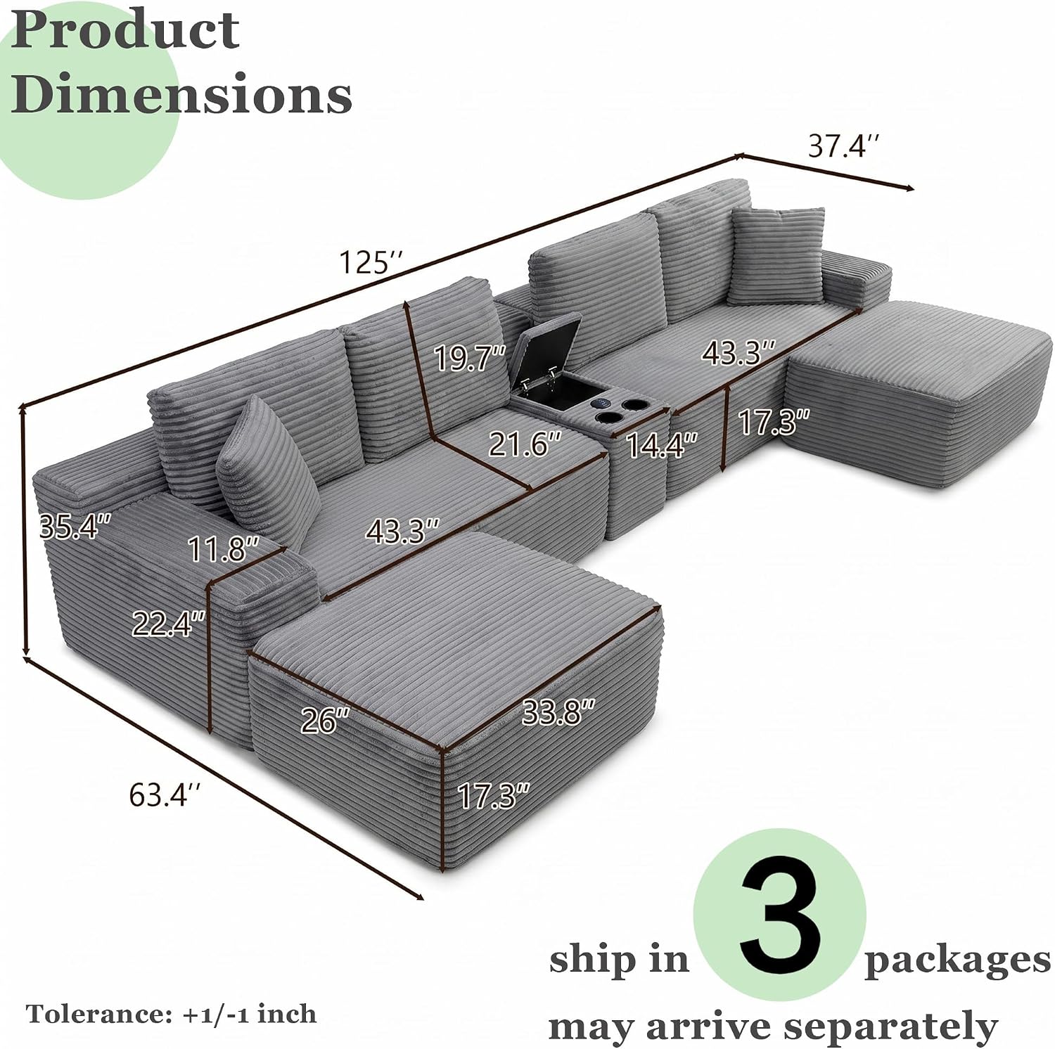 125" Oversized Sectional Couches for Living Room, Modern Cloud Couch with Ottoman,USB Port&Cup Holders, Comfy Corduroy Modular Sectional U Shape Sofa Couch for Apartment, Grey Couch in a Box
