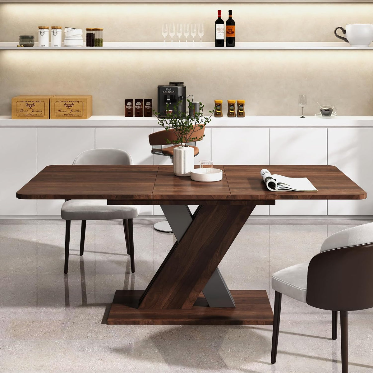 70.87'' Extendable Wood Dining Table, Modern Multifunctional Rectanglar Kitchen Dinner Table for Living Room Home Office, X-Shaped Base, Easy Assembly, Walnut