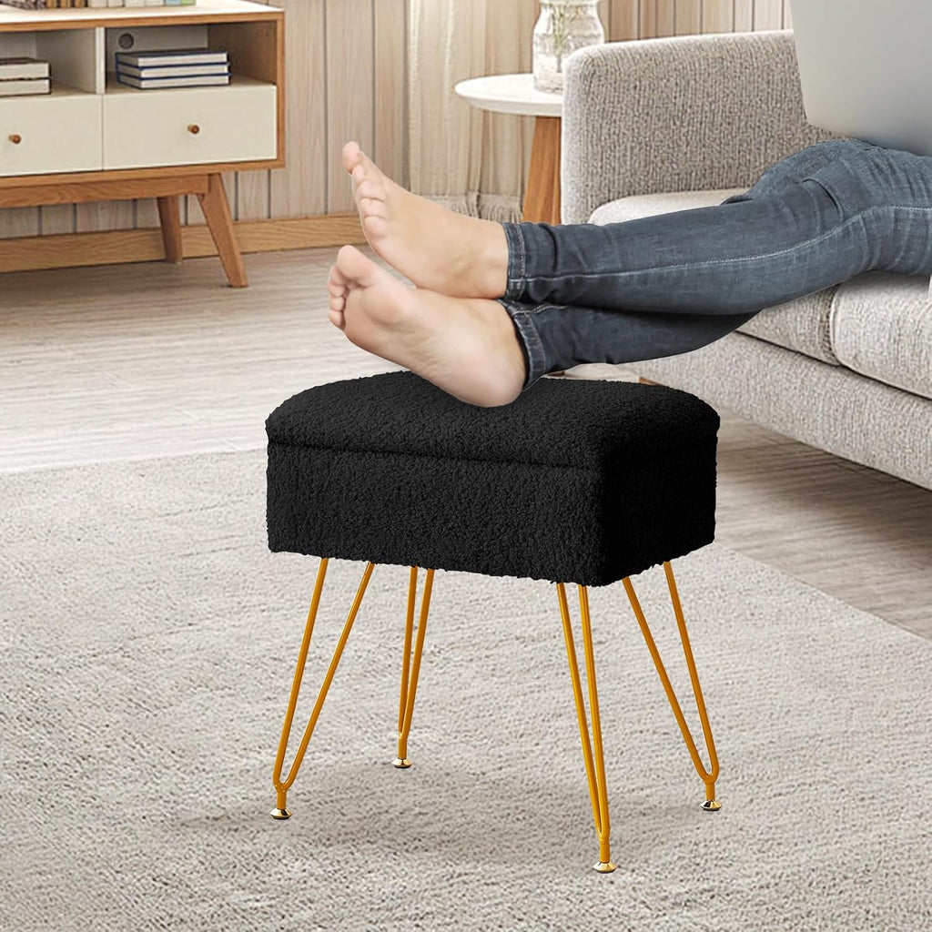 Alessing Vanity Stool Chair Ottoman with Storage, Sherpa Vanity Chair for Makeup Room, Rectangle Vanity Stools with Metal Legs, Soft Makeup Stool Footrest Footstools for Bedroom Living Room, Black | Square Padded Seat Foot Stool With Metal Legs For