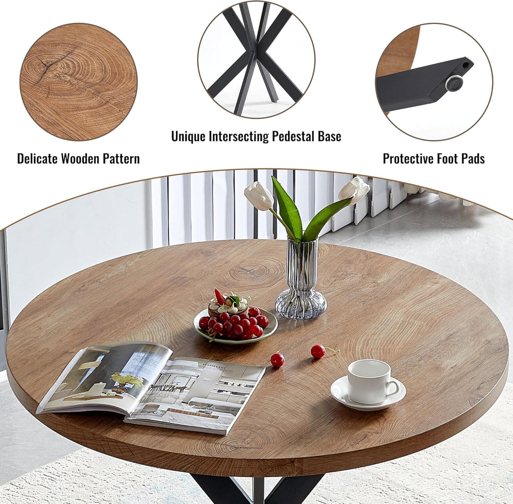 3-Piece Round Table & Chair Set, Space Saving Kitchen Breakfast Nook Walnut Wood Grain Tabletop with Metal Frame and 2 Stackable Dining Chairs for Kitchen, Dining Room, White