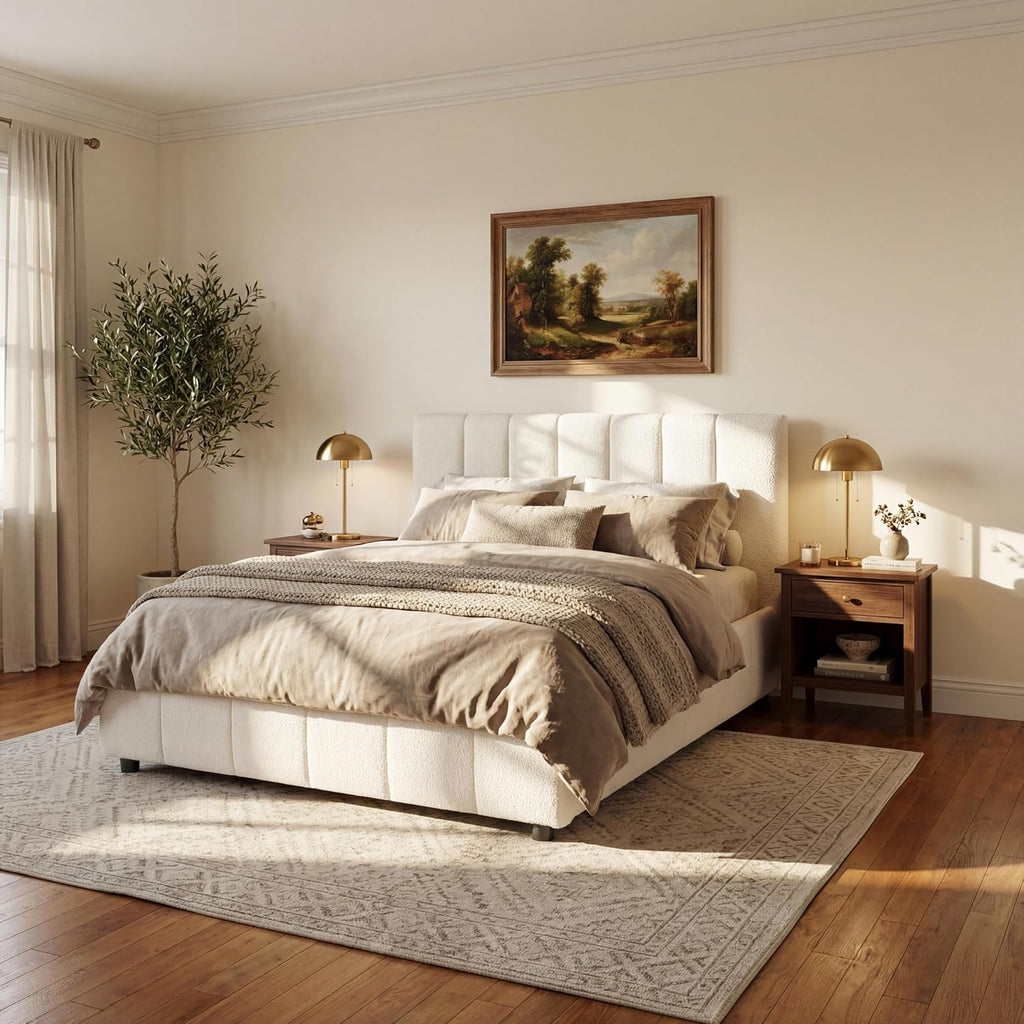 Merax Boucle Upholstered Queen Bed Frame with 42.7" High Headboard & 3.9" Thick, Vertical Stripe Tufting Design, Modern Queen Size Platform Bed, Solid Wood Support Leg, Bear 600Lbs, Off White
