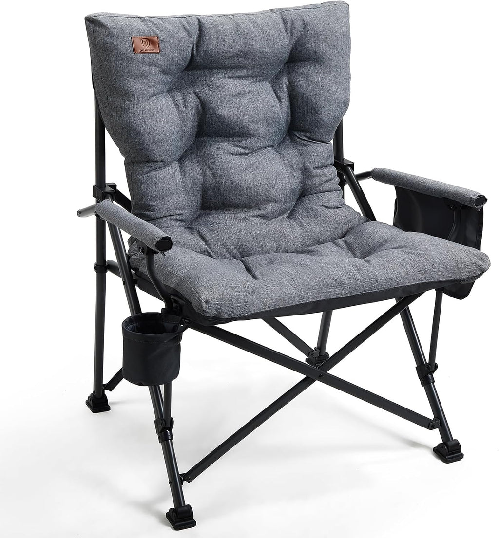 EVER ADVANCED Padded Oversized Folding Camping Chair for Adults, Heavy Duty Lawn Chair with Side Pockets, Portable Collapsible Quad Chair for Outside, Support Up to 500lbs, Grey