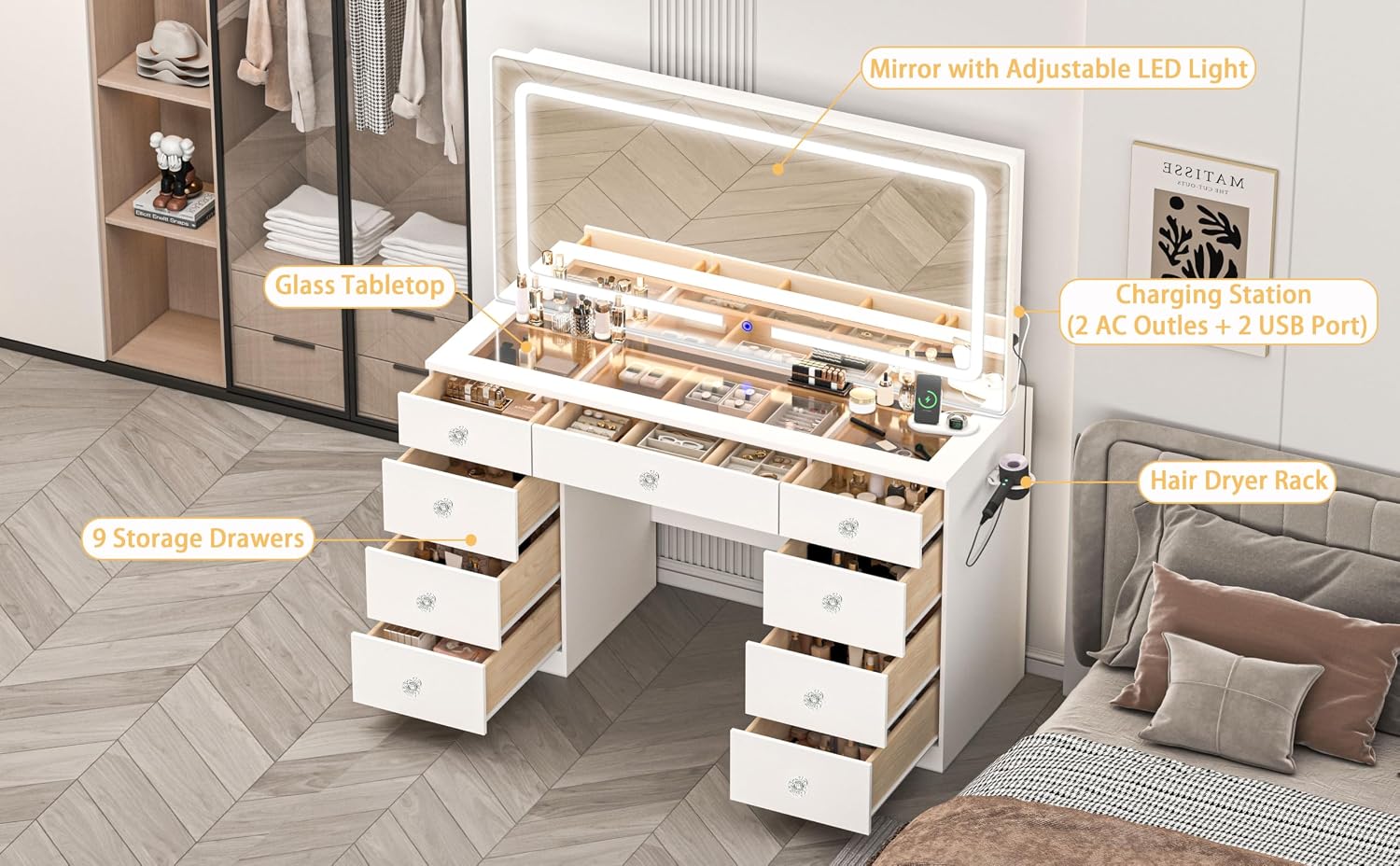Vanity with Lighted Mirror, Glass Top Makeup Vanity Desk with Power Outlet and 9 Drawers, 3 Color Lighting Modes Adjustable Dresser for Bedroom, White