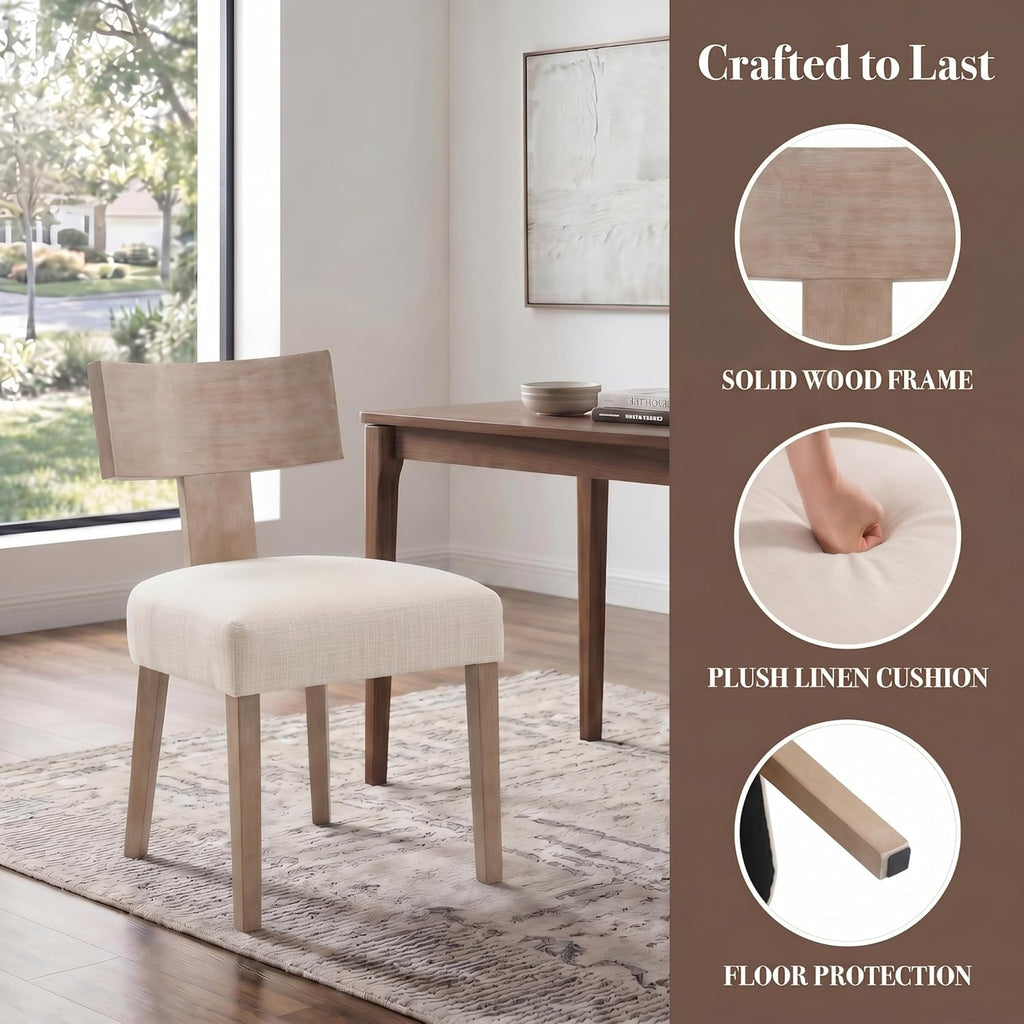 Linen Dining Chairs Set of 6 with Natural Wood Legs, Farmhouse Upholstered Side Chair with Curved Backrest for Living Room/Restaurant, Beige-Light Brown Legs