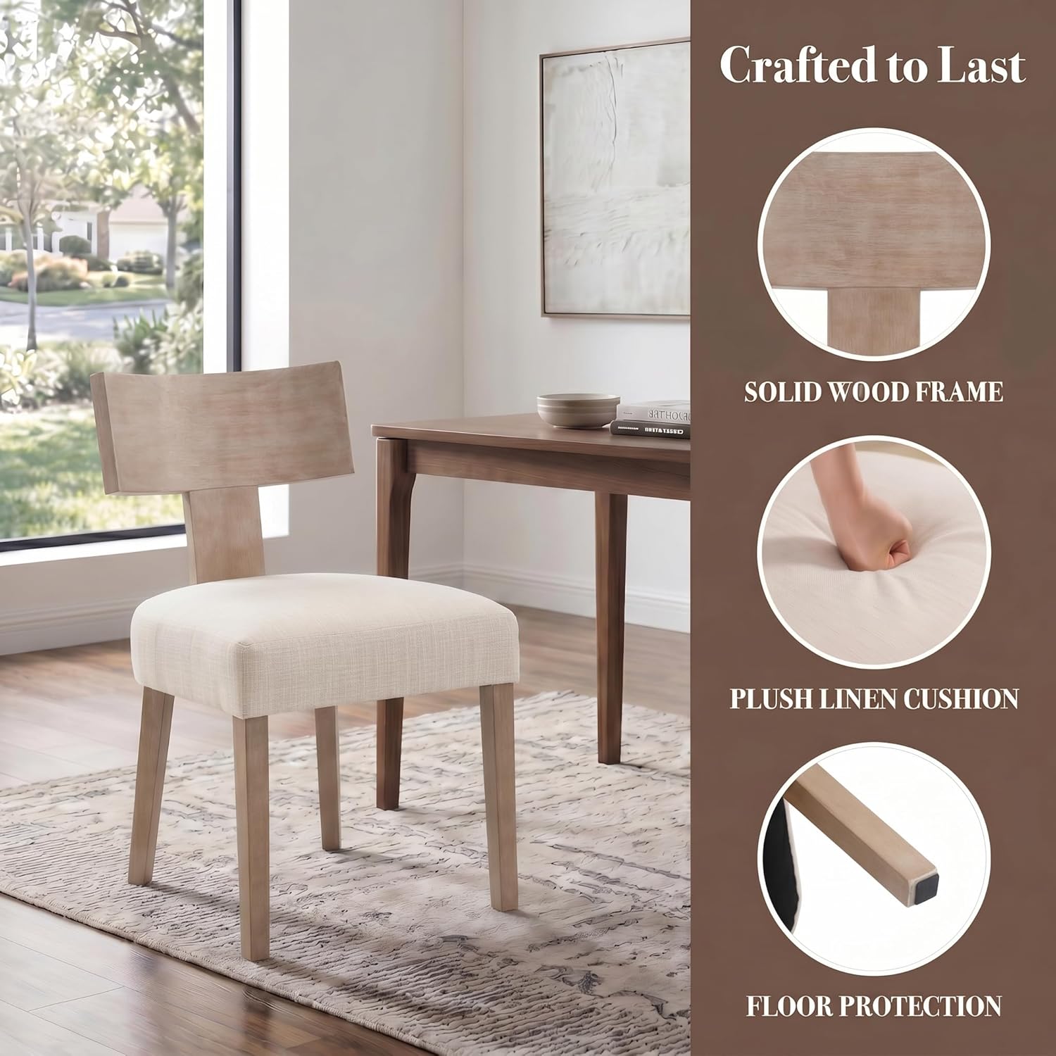 Linen Dining Chairs Set of 6 with Natural Wood Legs, Farmhouse Upholstered Side Chair with Curved Backrest for Living Room/Restaurant, Beige-Light Brown Legs